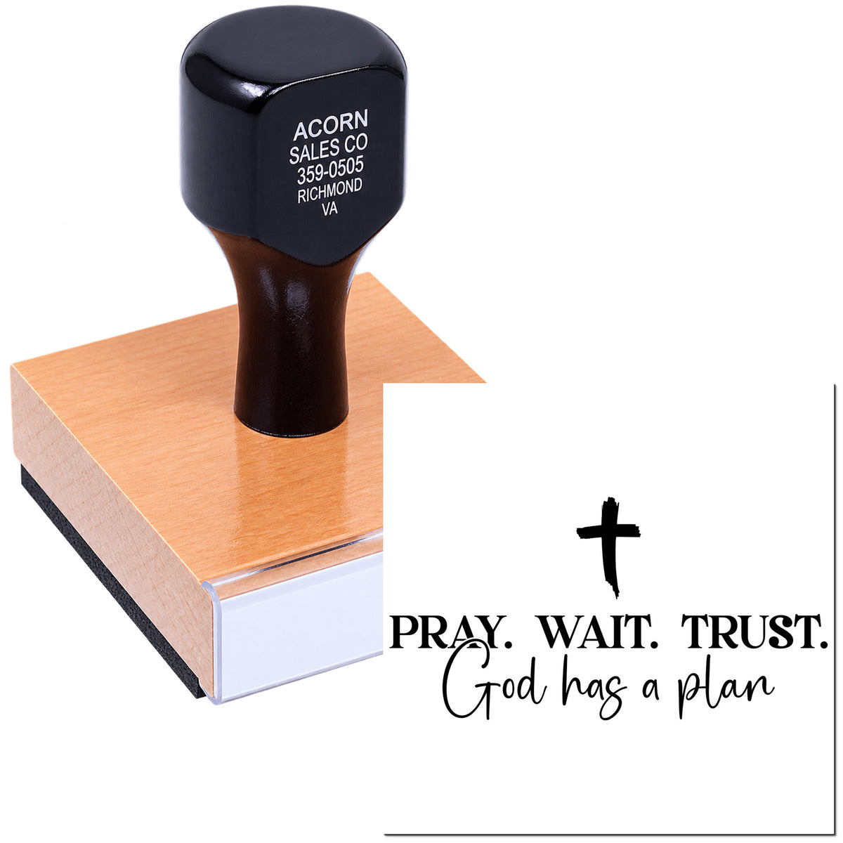 Custom Christian rubber stamp with cross and Pray. Wait. Trust. God has a plan message for faith-based crafts.