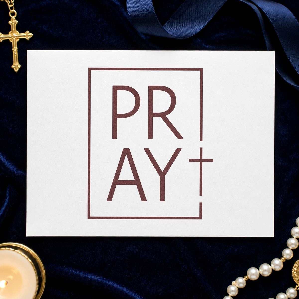 Pray Minimal Cross rubber stamp printed in brown ink, ready for prayer photo pages and similar paper crafts.