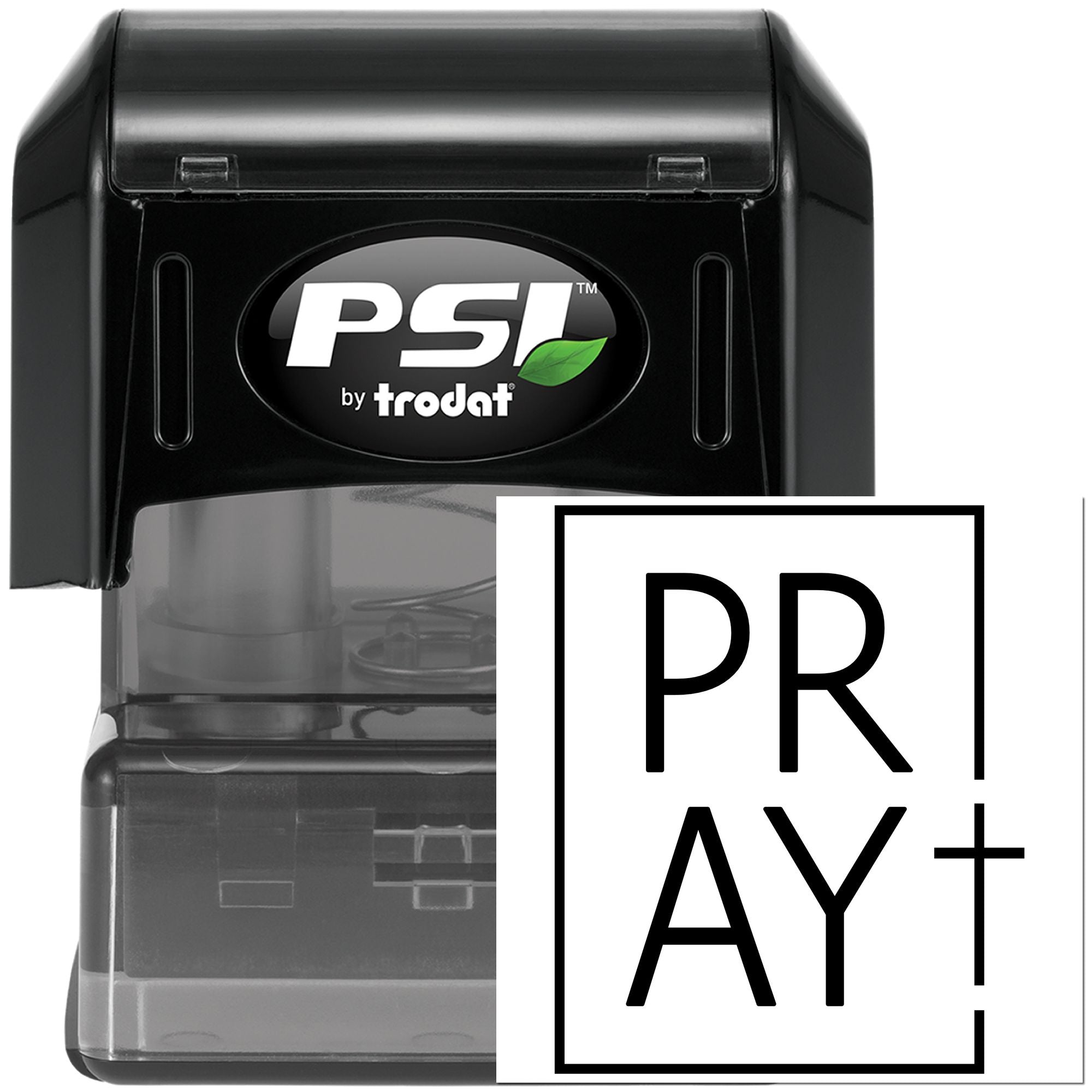 PSI by Trodat self-inking rubber stamp with PRAY+ design for custom faith-based stamping.