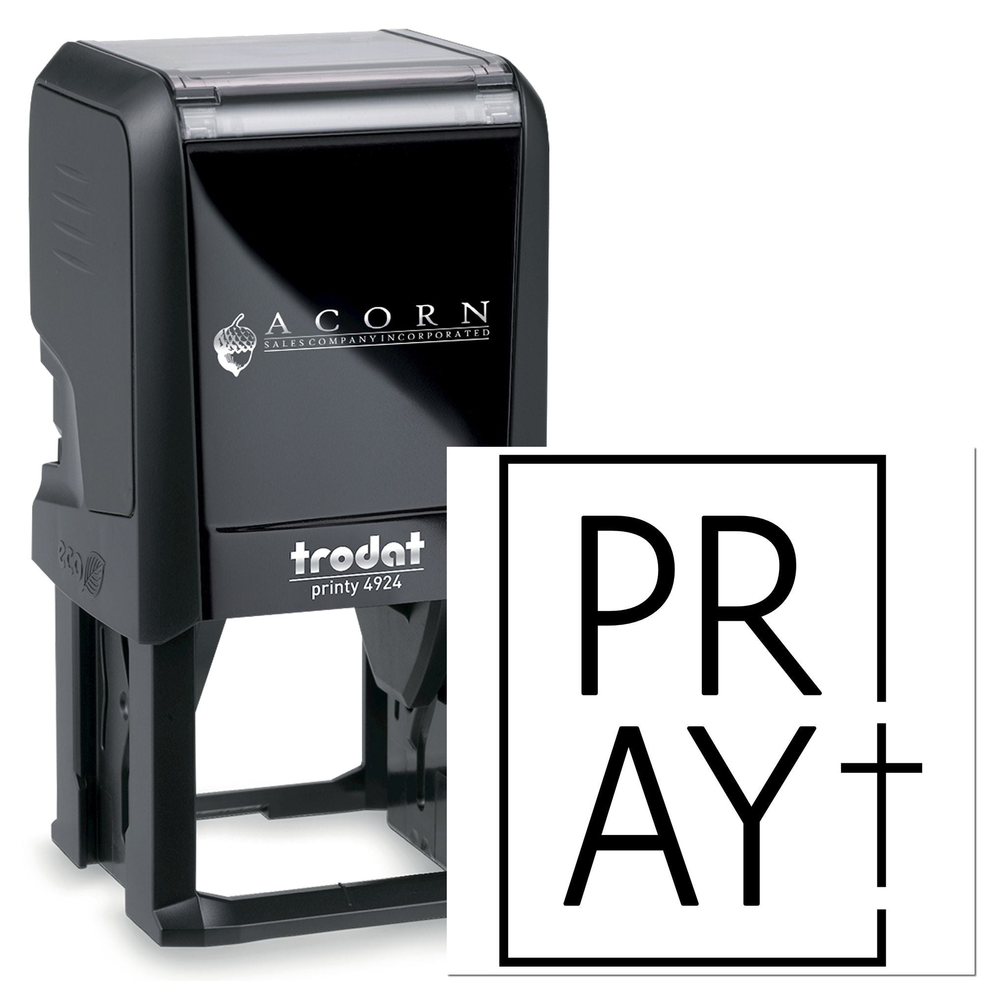 Trodat Printy 4924 self-inking rubber stamp with custom PRAY+ logo for personalized business branding.