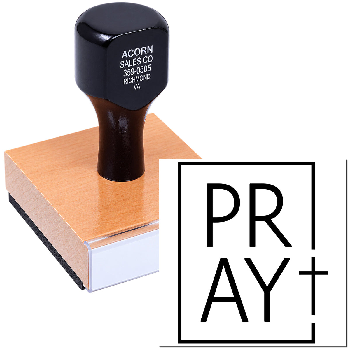 Custom rubber stamp on wooden block for logo, address, and business branding imprinting