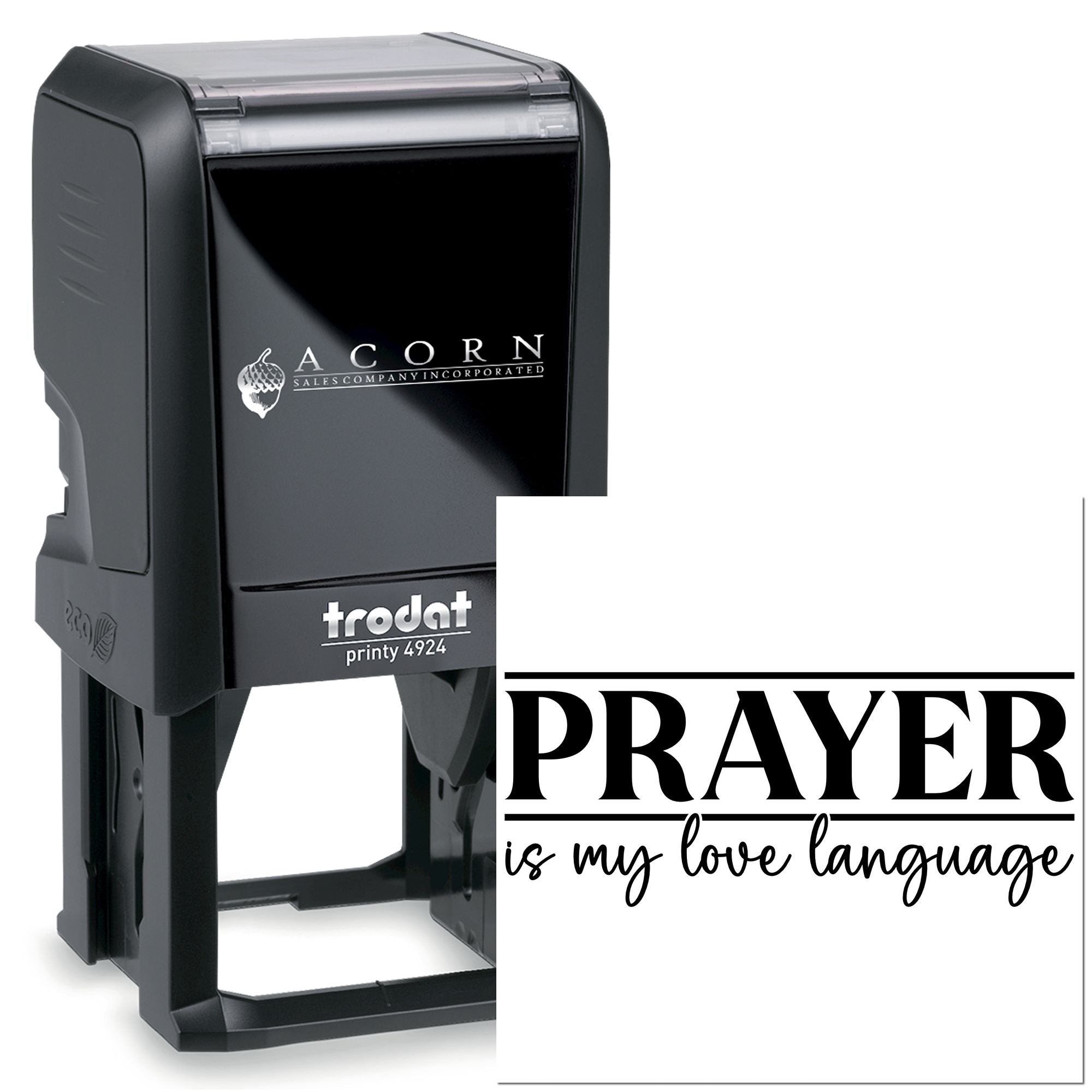 Custom self-inking rubber stamp with Prayer is my love language imprint, ideal for personalized faith-based stamping.