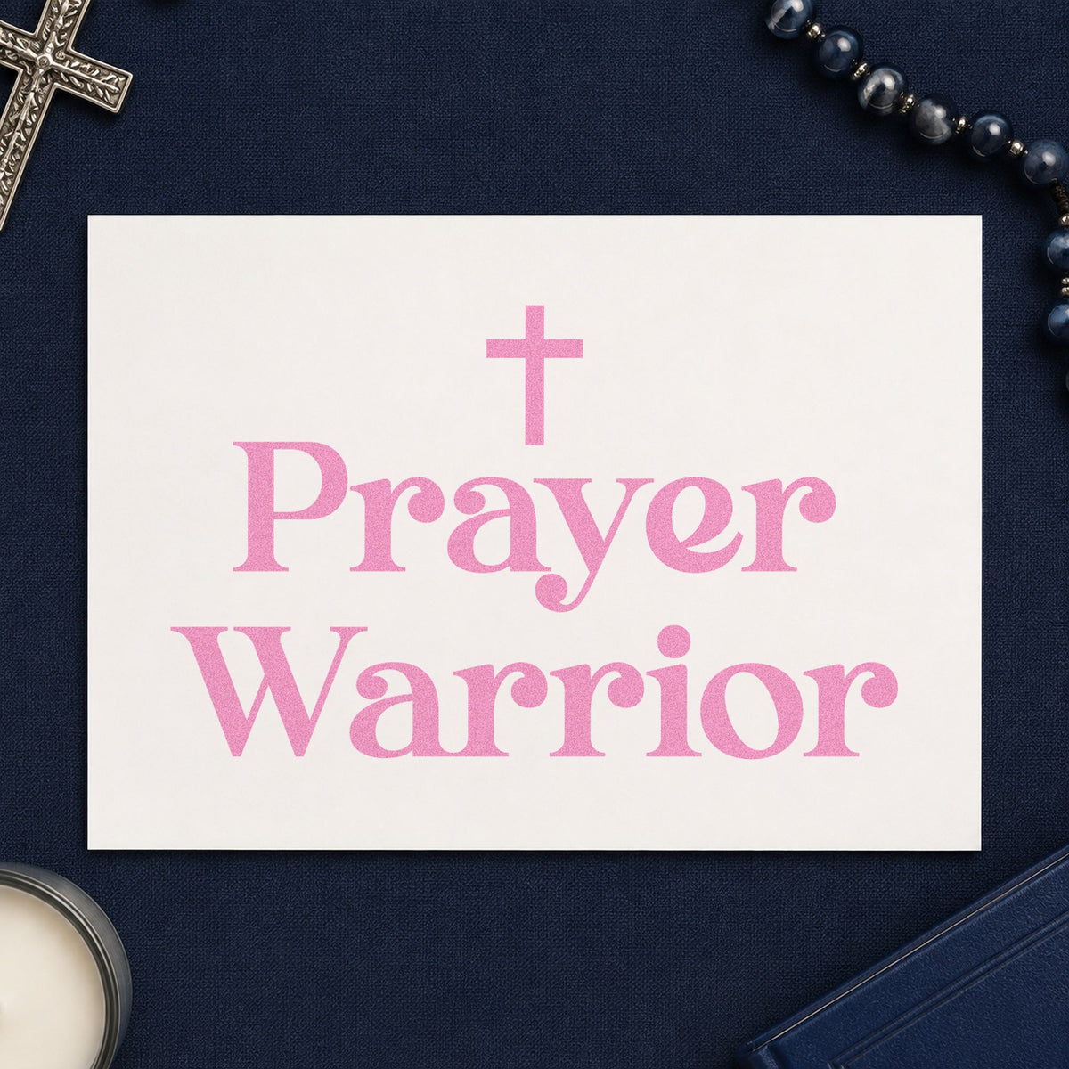 Prayer Warrior Serif craft stamp in purple ink on cardstock, an easy option for church honor gifts.