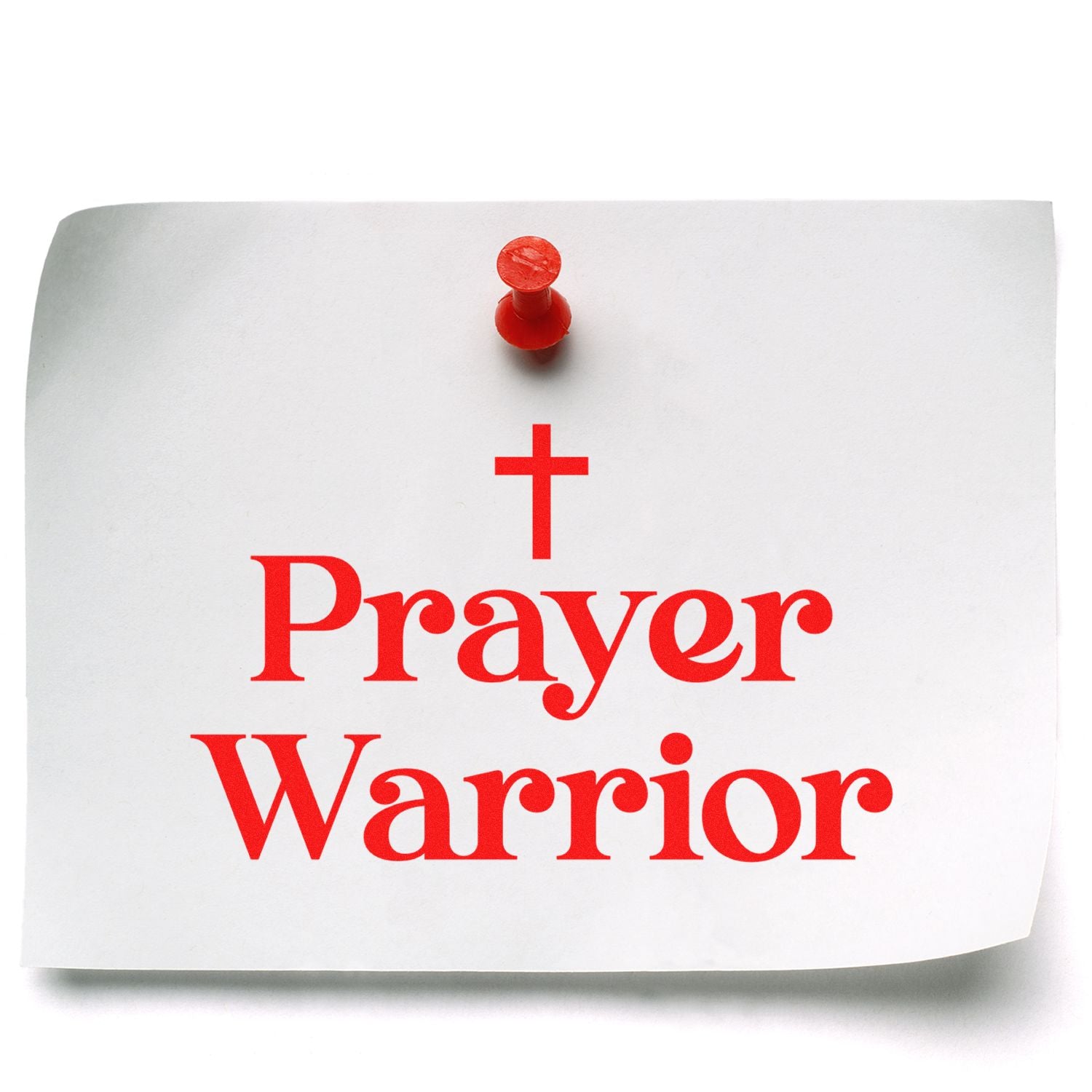 Prayer Warrior custom rubber stamp design with red cross for faith-based ministry, church, or devotional notes.