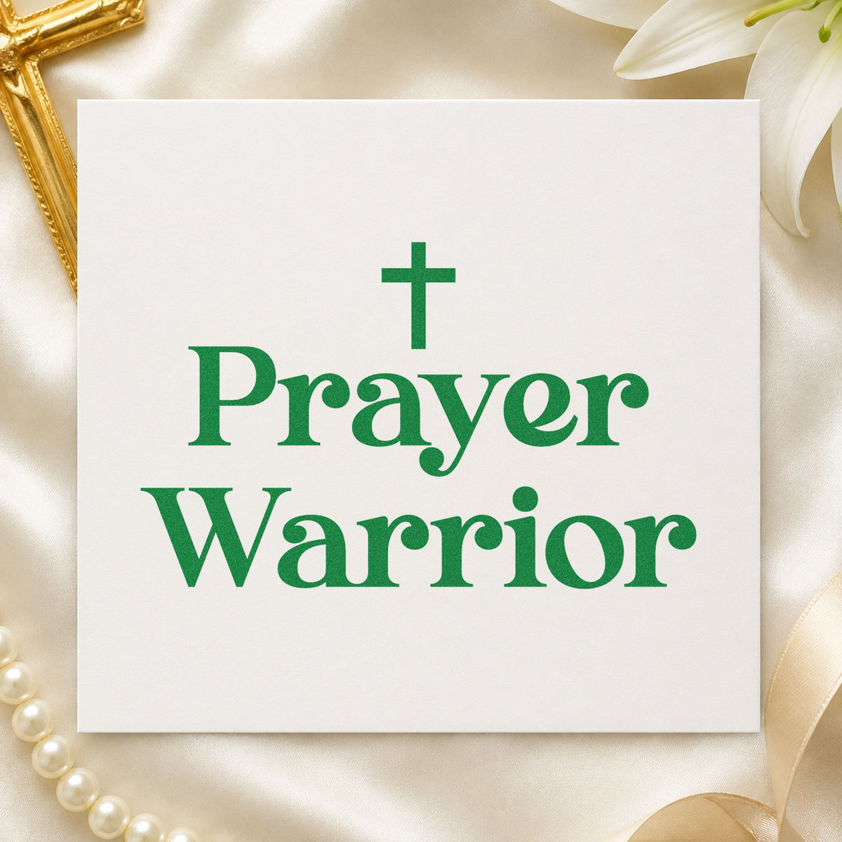 Prayer Warrior Serif craft stamp imprint in green ink on a handmade project, one idea being memorial programs.
