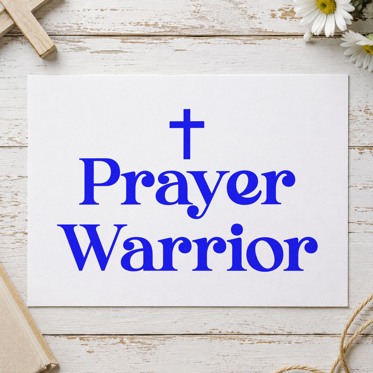 Prayer Warrior Serif craft stamp in blue ink on cardstock, an easy option for canvas totes.