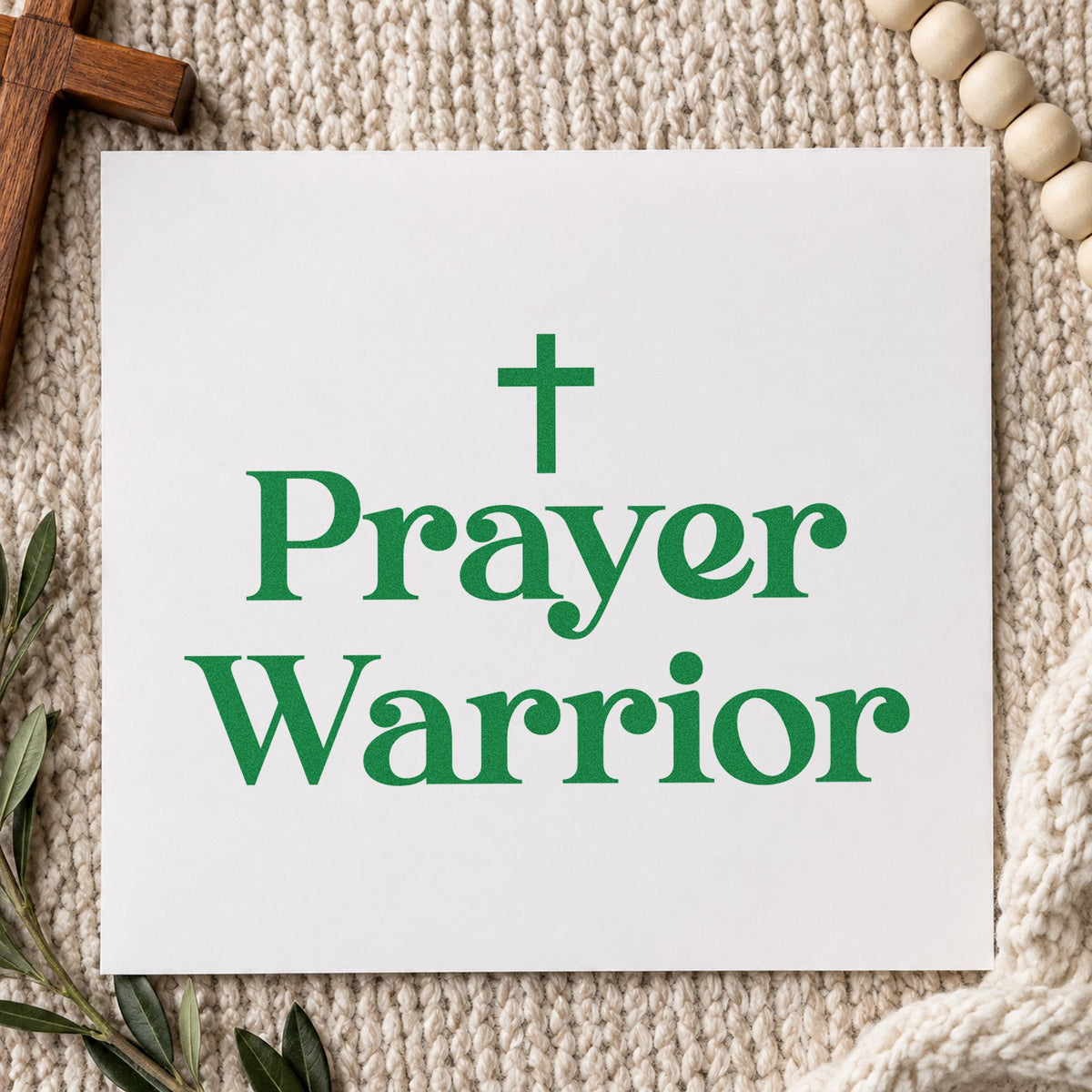Prayer Warrior Serif craft stamp imprint in green ink on a handmade project, one idea being framed study art.