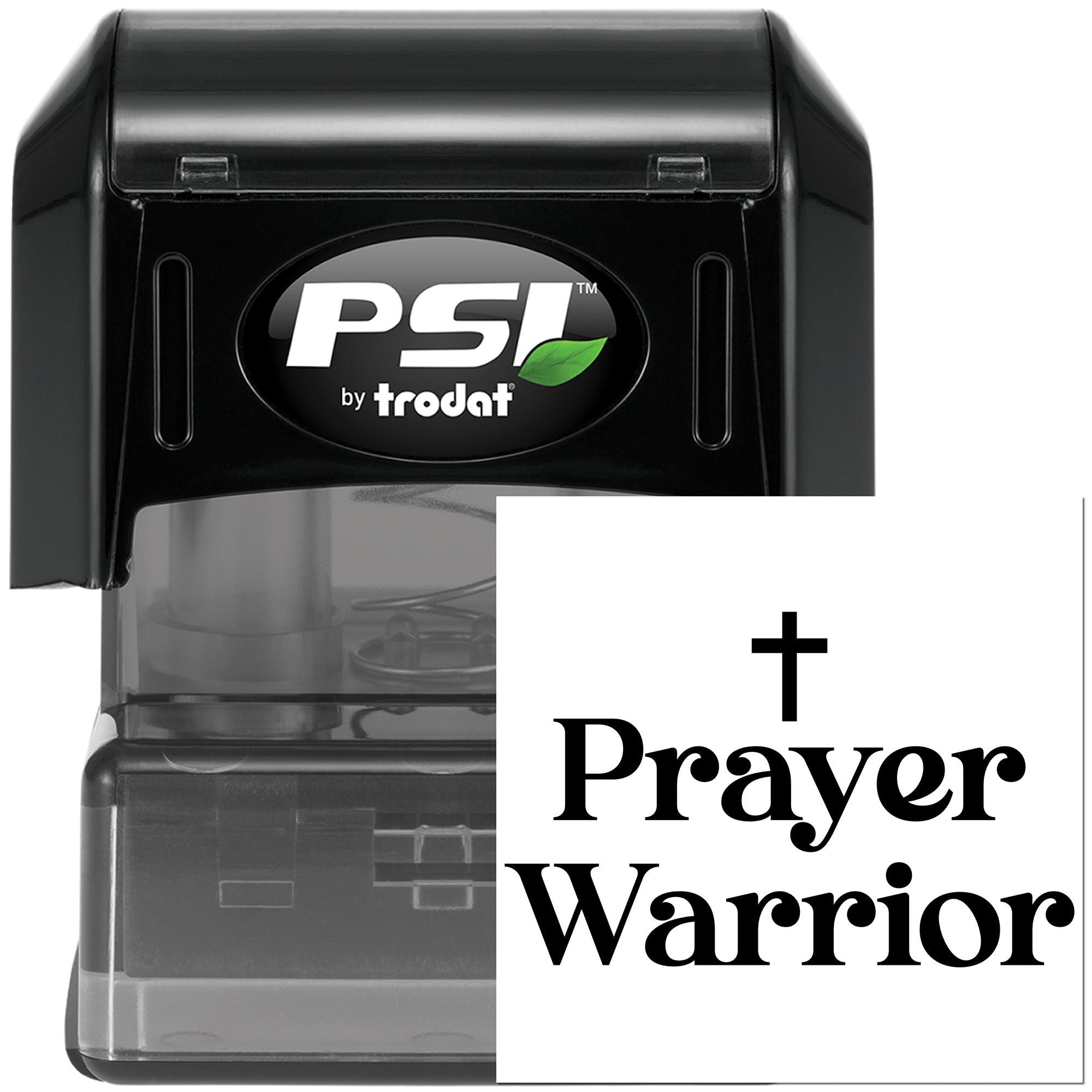 PSI by Trodat self-inking rubber stamp for Prayer Warrior faith message, ideal for custom religious stamping.