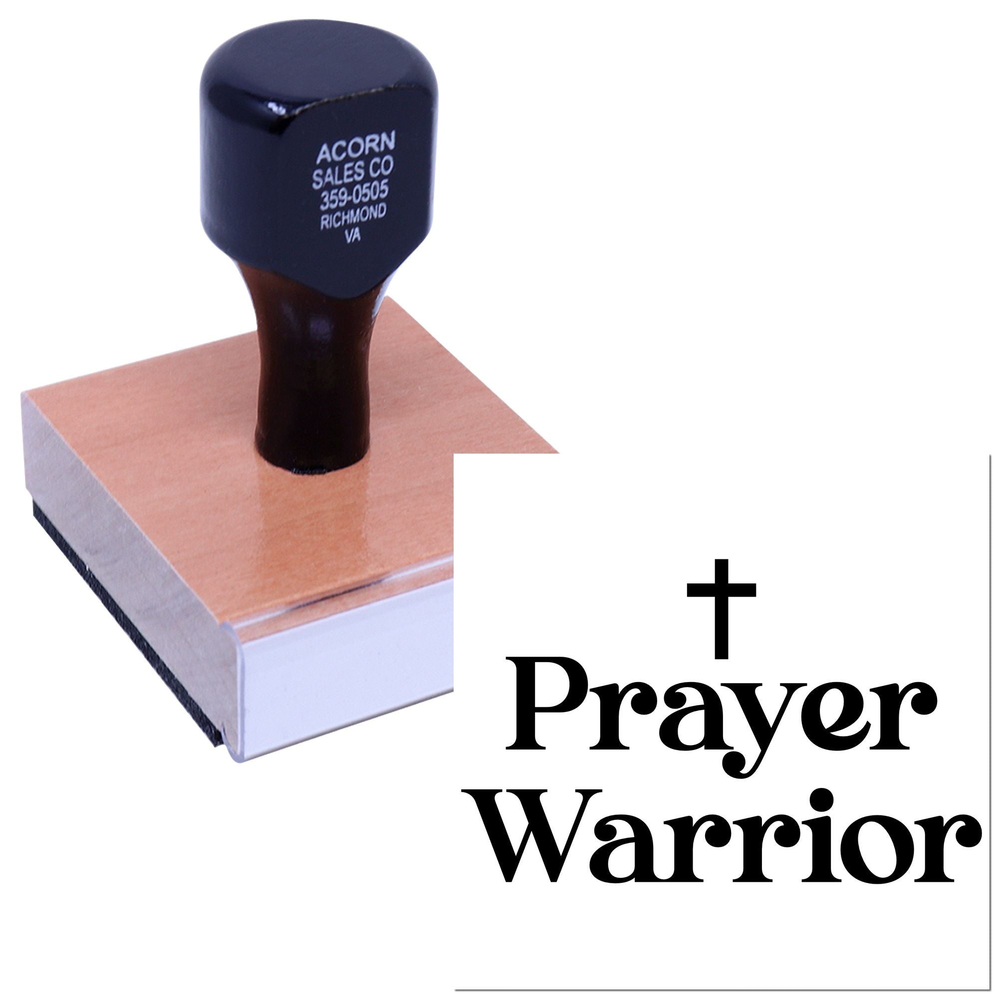 Custom Prayer Warrior rubber stamp with cross for church ministries, prayer groups, and faith-based crafts.