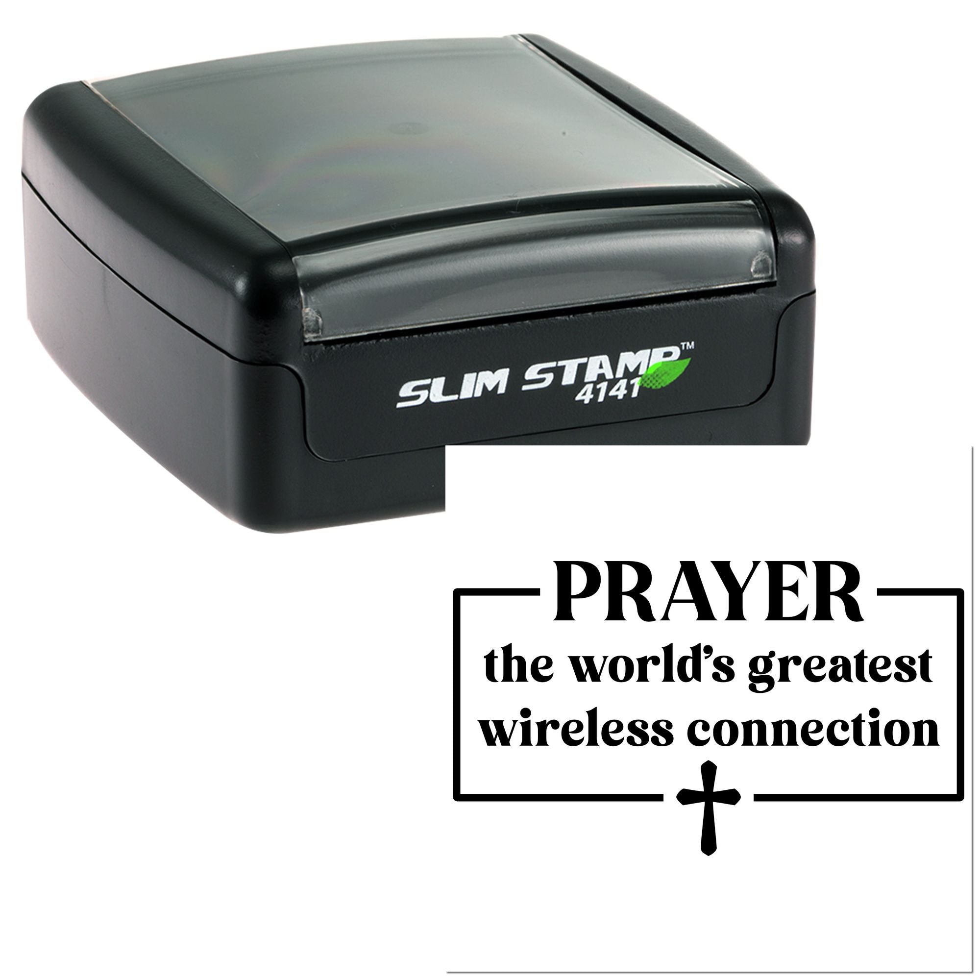 Self-inking prayer rubber stamp, Slim Stamp 4141, with Christian quote the worlds greatest wireless connection and cross.