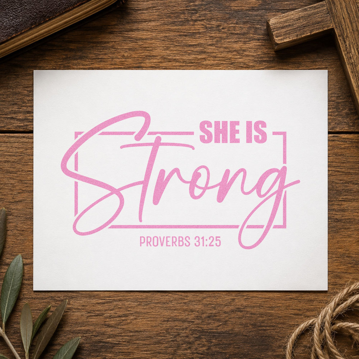 She Is Strong Script craft stamp in purple ink on cardstock, an easy option for mother's day cards.