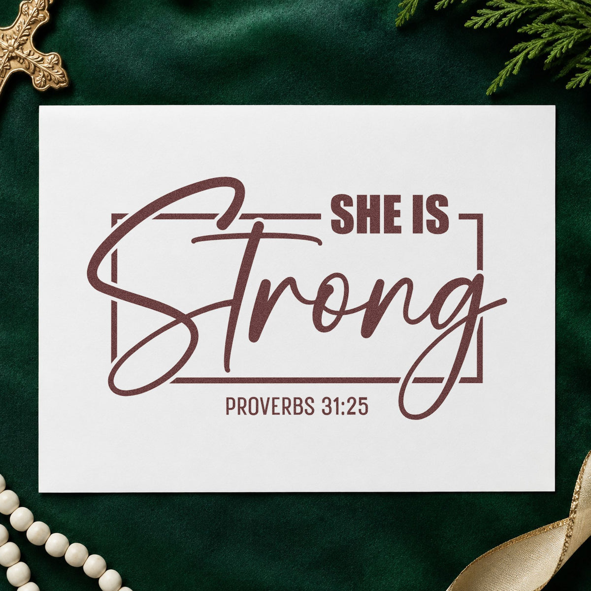 She Is Strong Script rubber stamp printed in brown ink, ready for tribute scrapbooks and similar paper crafts.