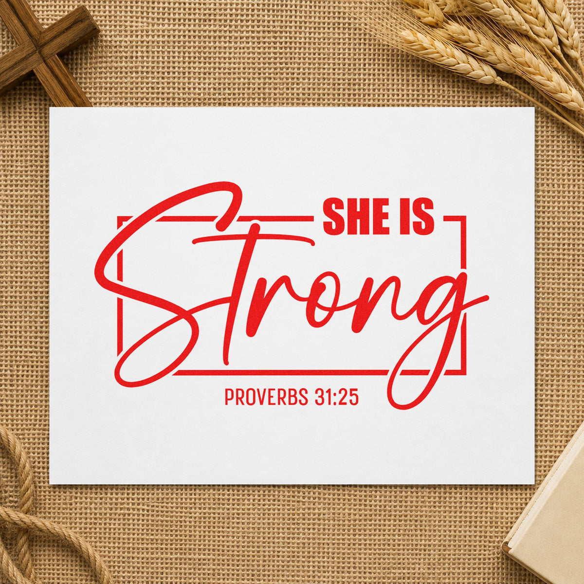 She Is Strong Script rubber stamp shown in red ink, stamped for projects such as bridal shower favors.