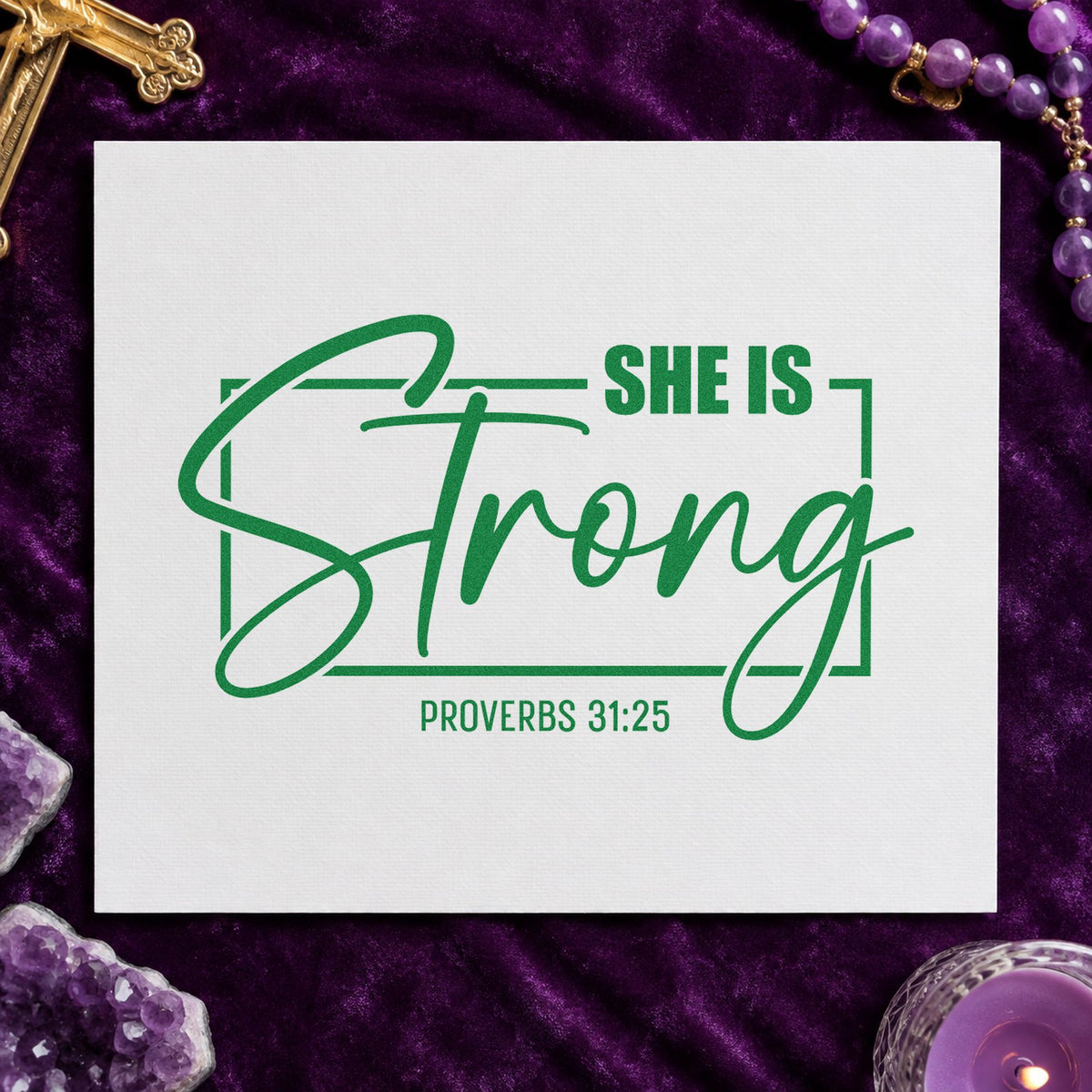 She Is Strong Script craft stamp imprint in green ink on a handmade project, one idea being framed bedroom art.