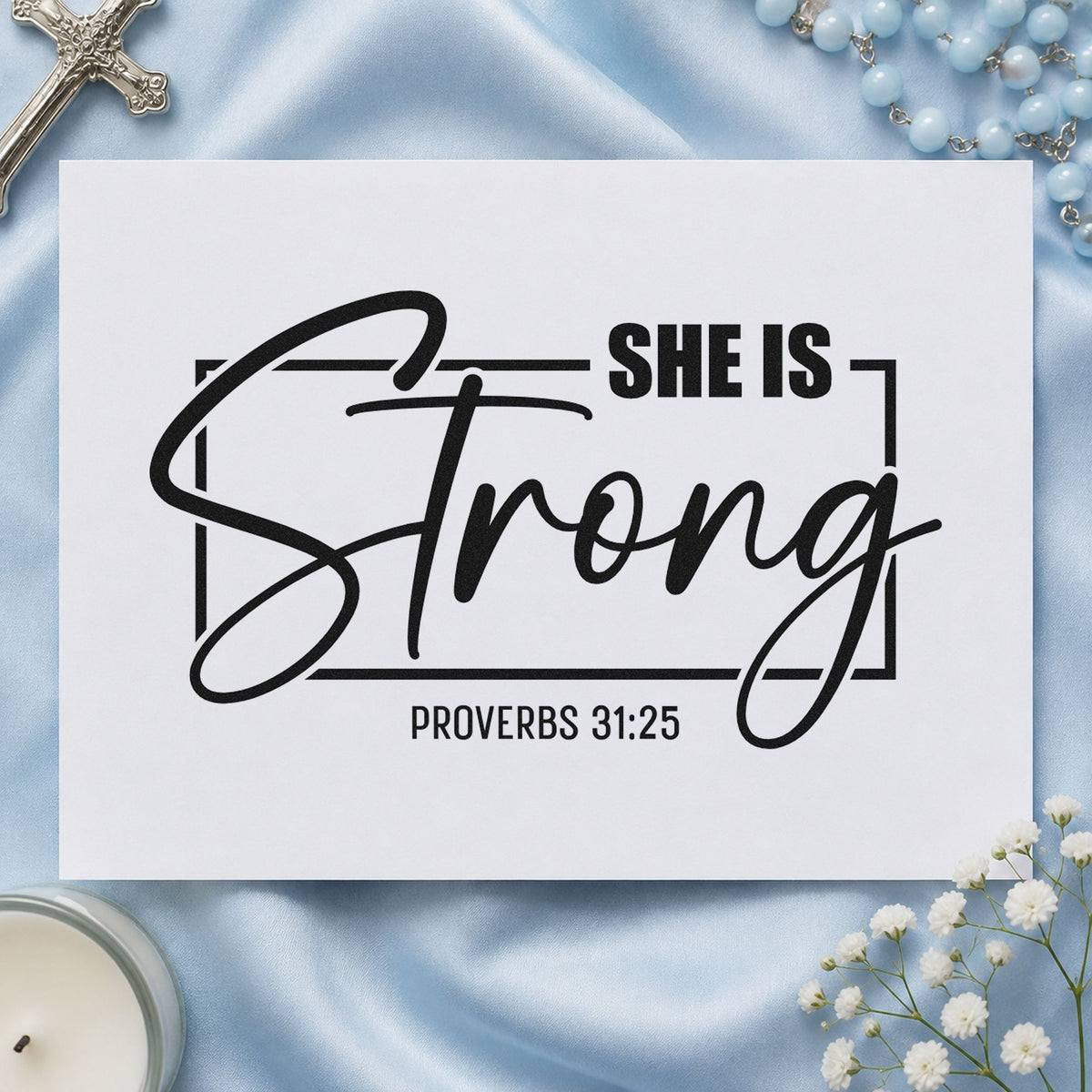 She Is Strong Script rubber stamp printed in black ink, ready for proverbs woman cards and similar paper crafts.