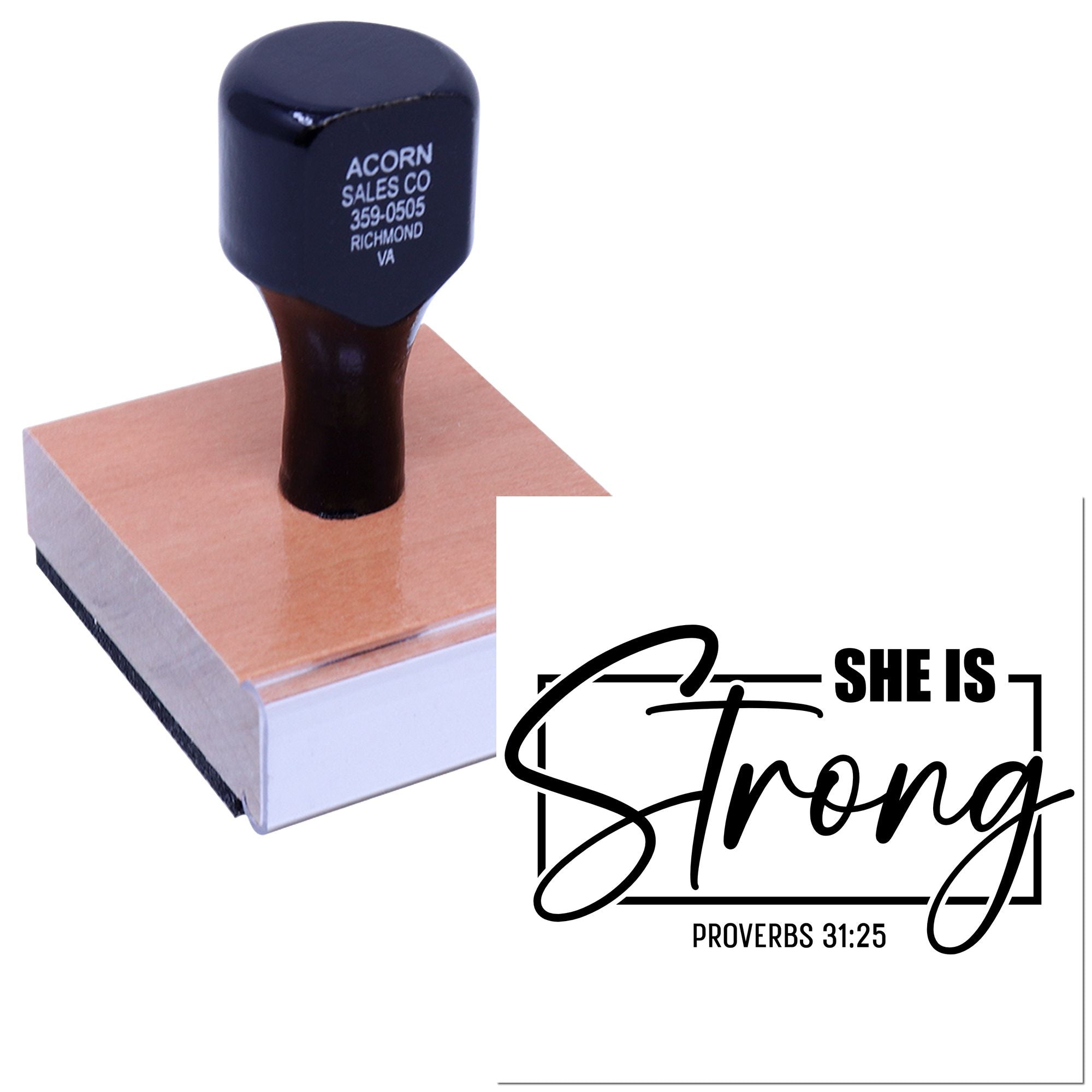 Christian rubber stamp design reading She Is Strong Proverbs 31:25 for faith-based crafts, cards, and packaging.