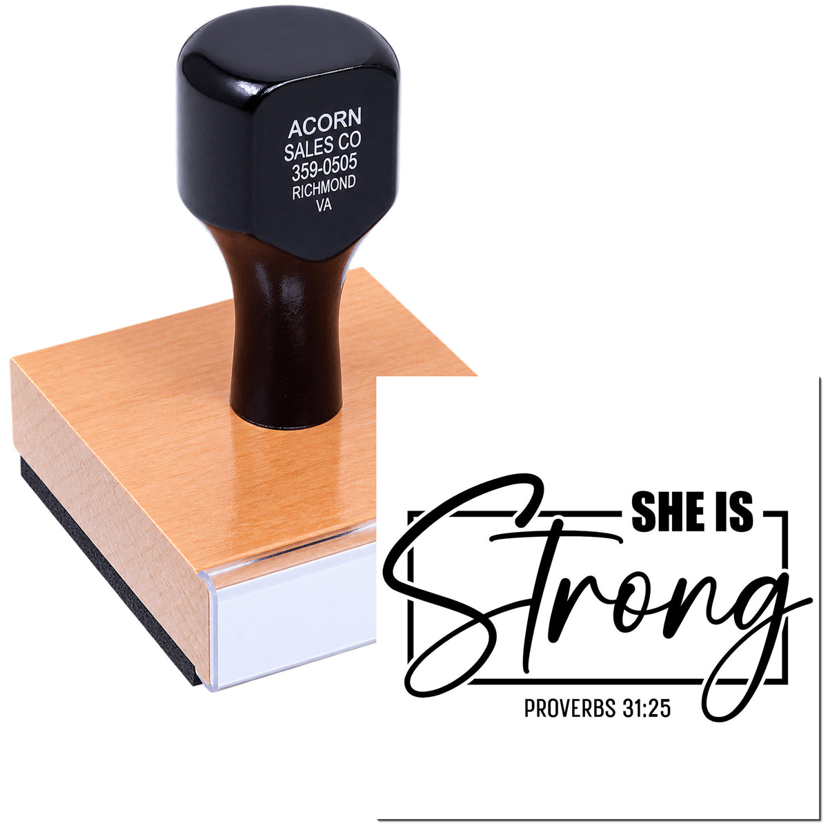 Christian rubber stamp design reading She Is Strong Proverbs 31:25 for faith-based crafts, cards, and packaging.