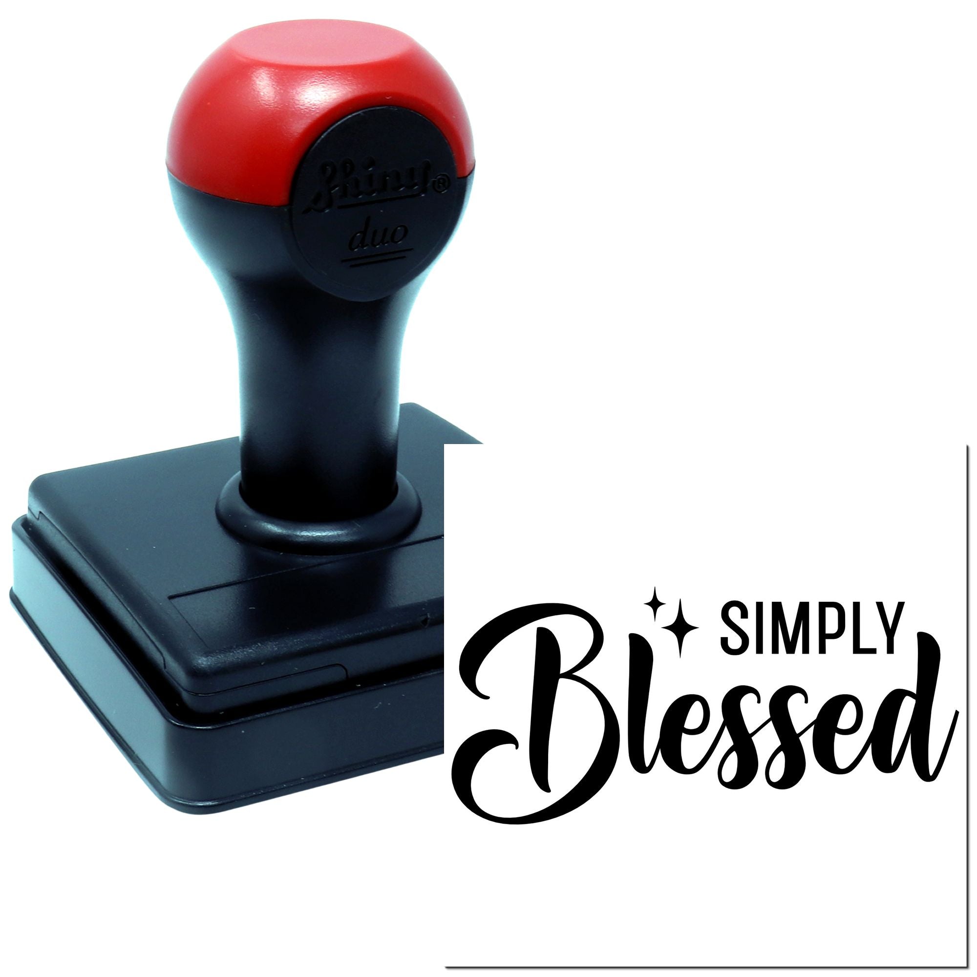 Self-inking rubber stamp with Simply Blessed design, ideal for personalized card making, packaging, and faith-inspired crafts.