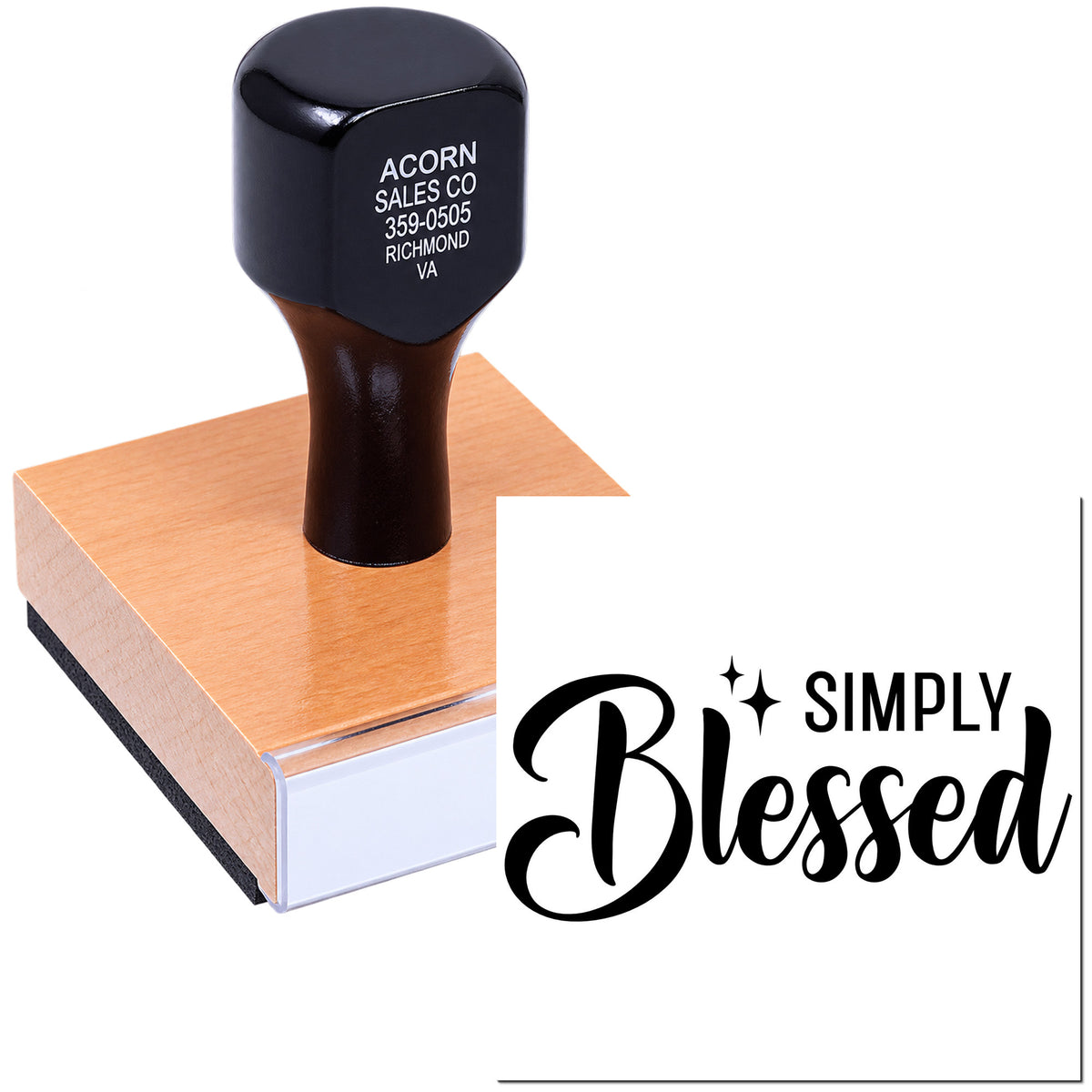 Custom rubber stamp with Simply Blessed design on wood block, ideal for handmade packaging, crafts, and thank-you cards.