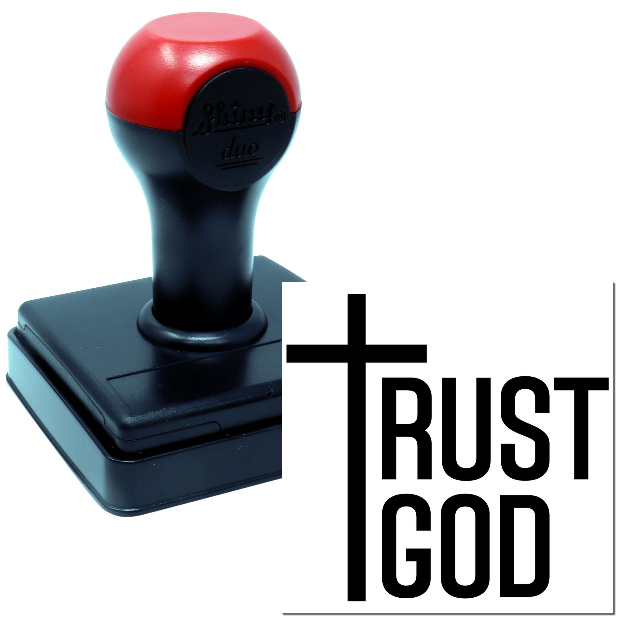 Custom self-inking rubber stamp with Trust God message for faith-based business or personal use.