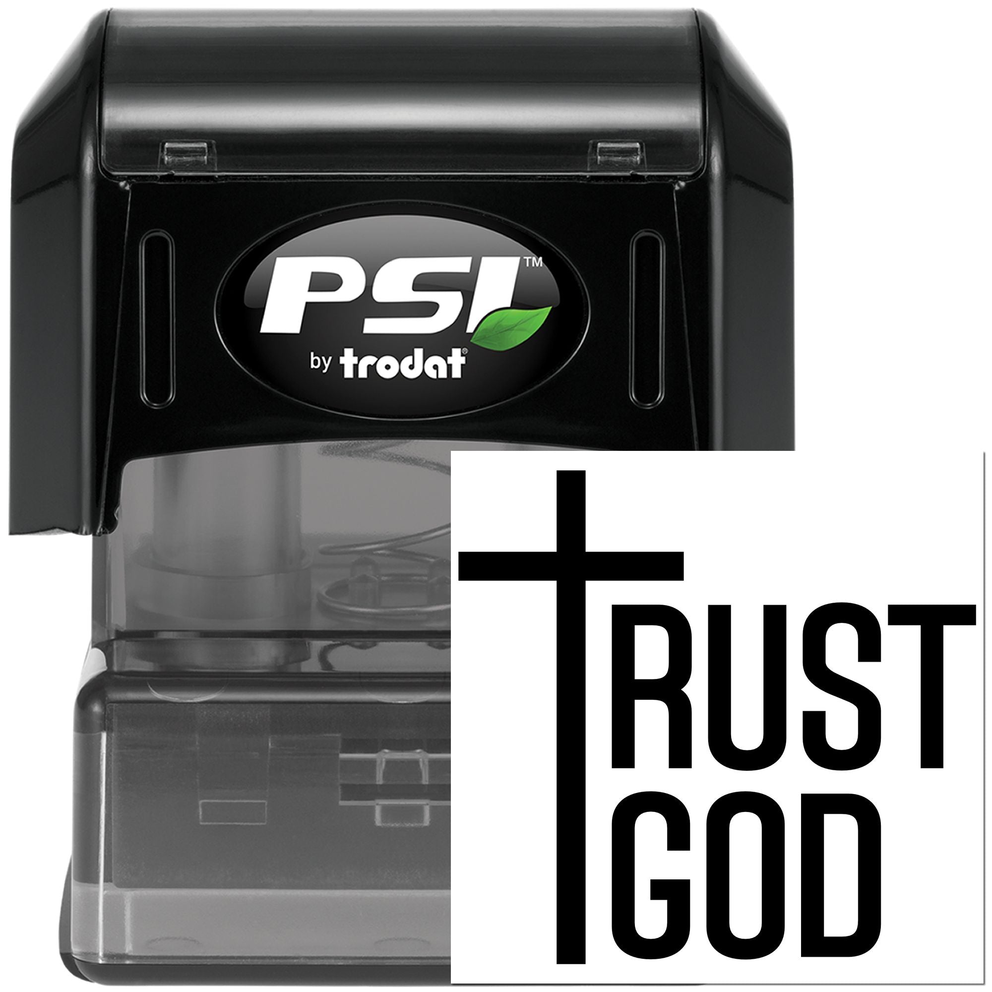 PSI by Trodat self-inking rubber stamp with Trust God design for faith-based messages and religious branding.