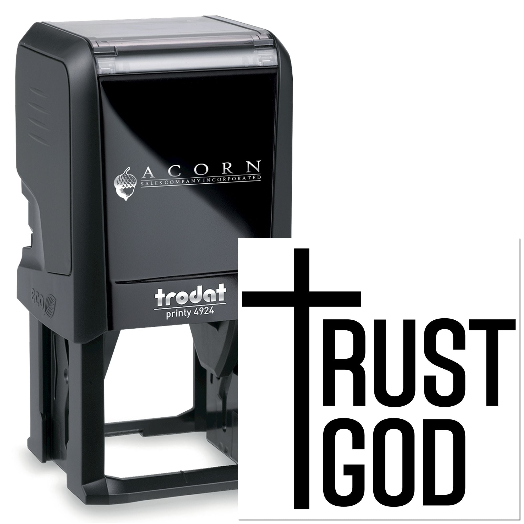 Custom self-inking Trodat Printy 4924 rubber stamp with Trust God design for faith-based branding and church use.