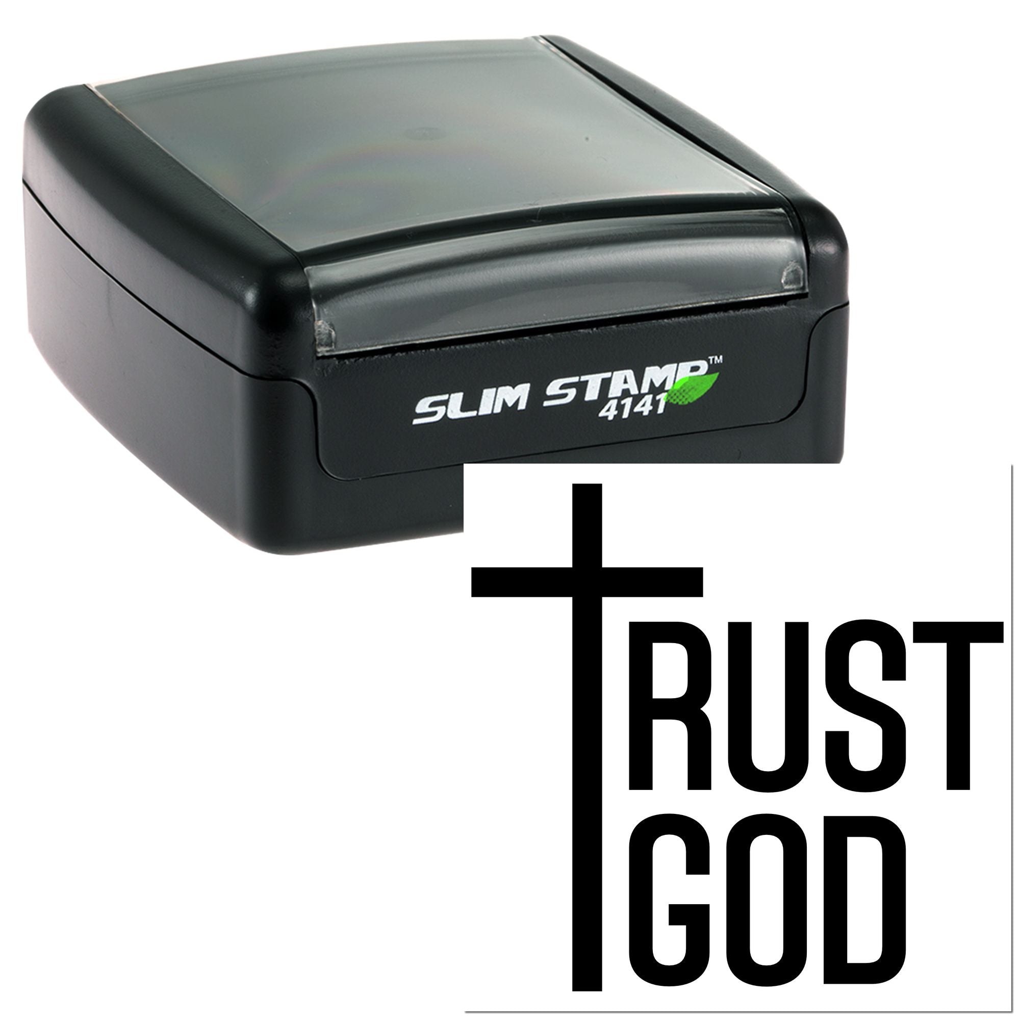 Self-inking Slim Stamp 4141 custom rubber stamp with Trust God logo for faith-based branding and office use.