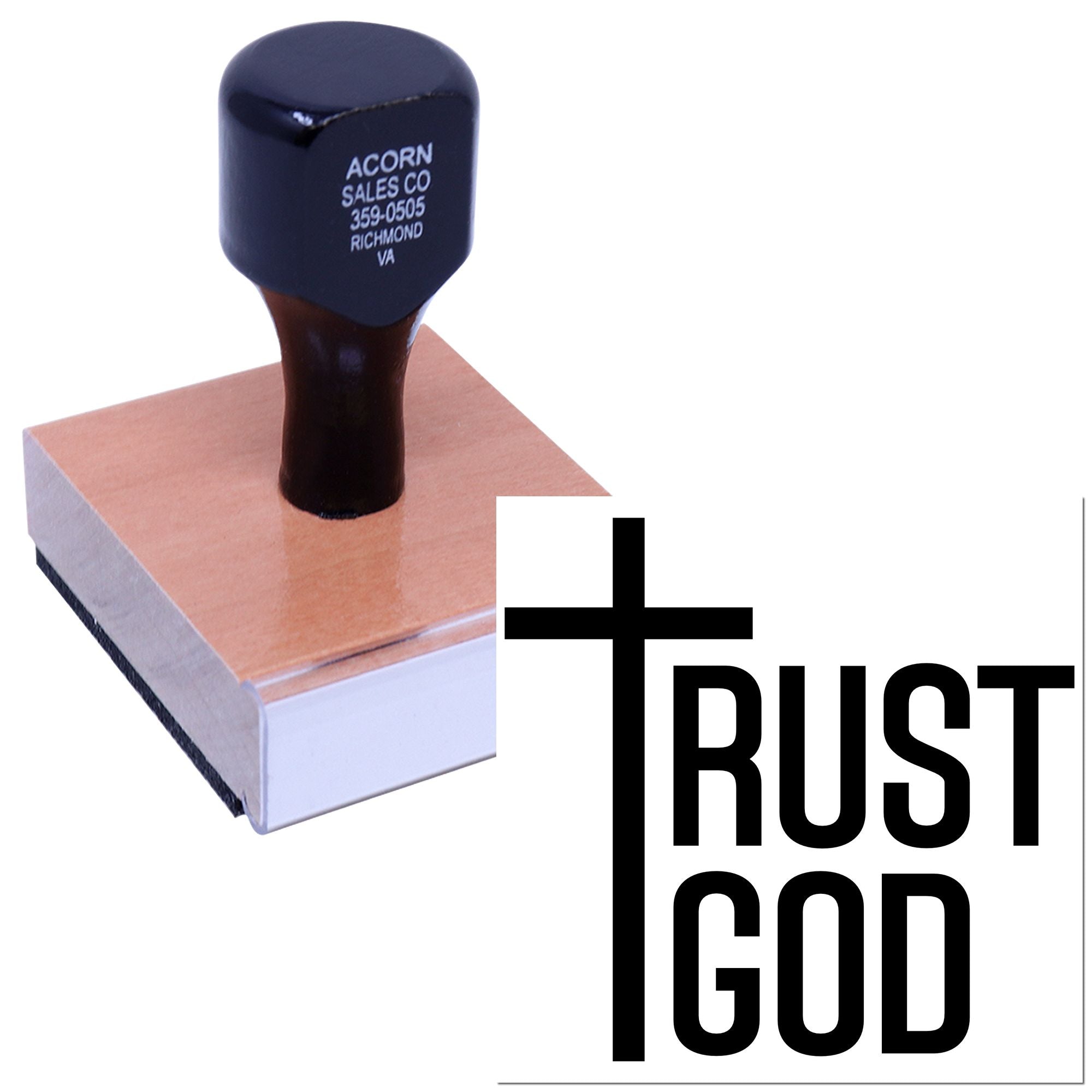 Custom rubber stamp with Trust God logo on wood-mounted base for religious branding, church ministry, or outreach use.
