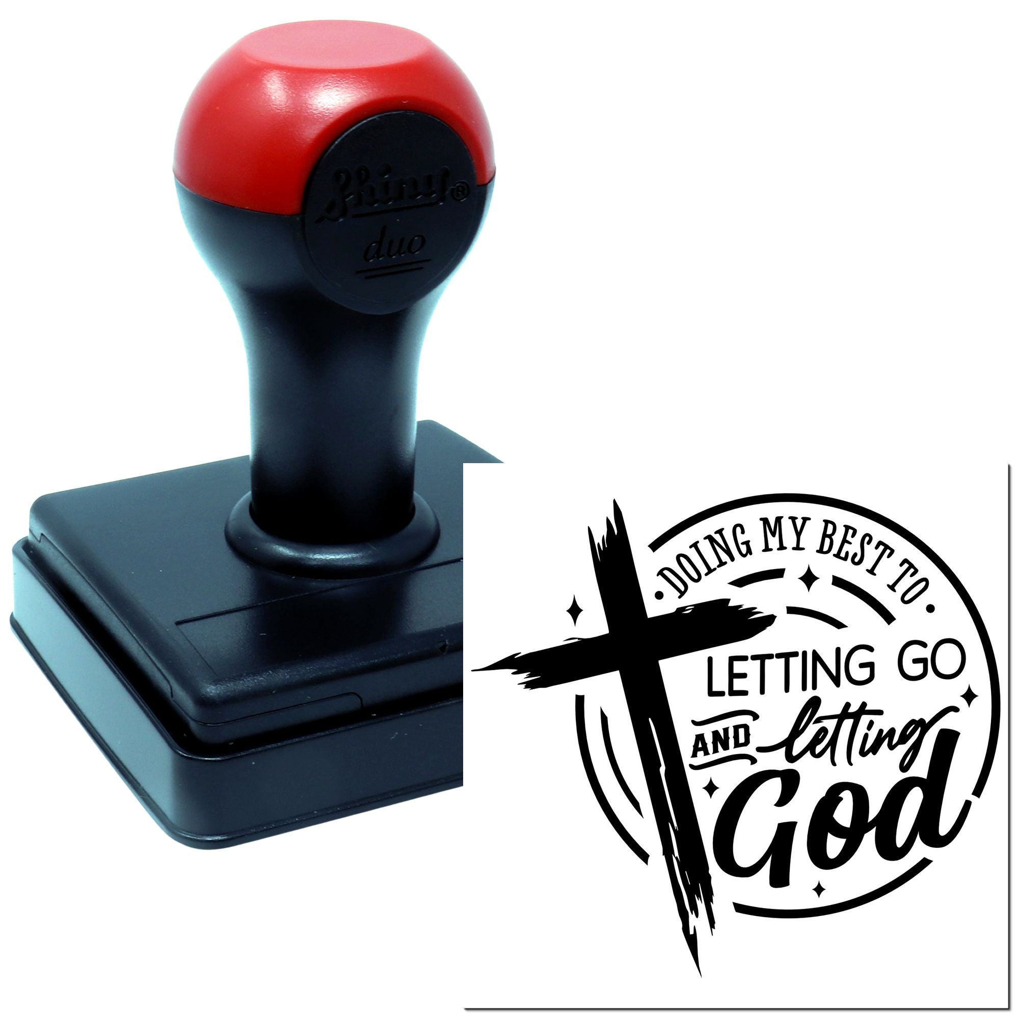 Custom self-inking rubber stamp with Christian Letting Go and Letting God inspirational design and cross
