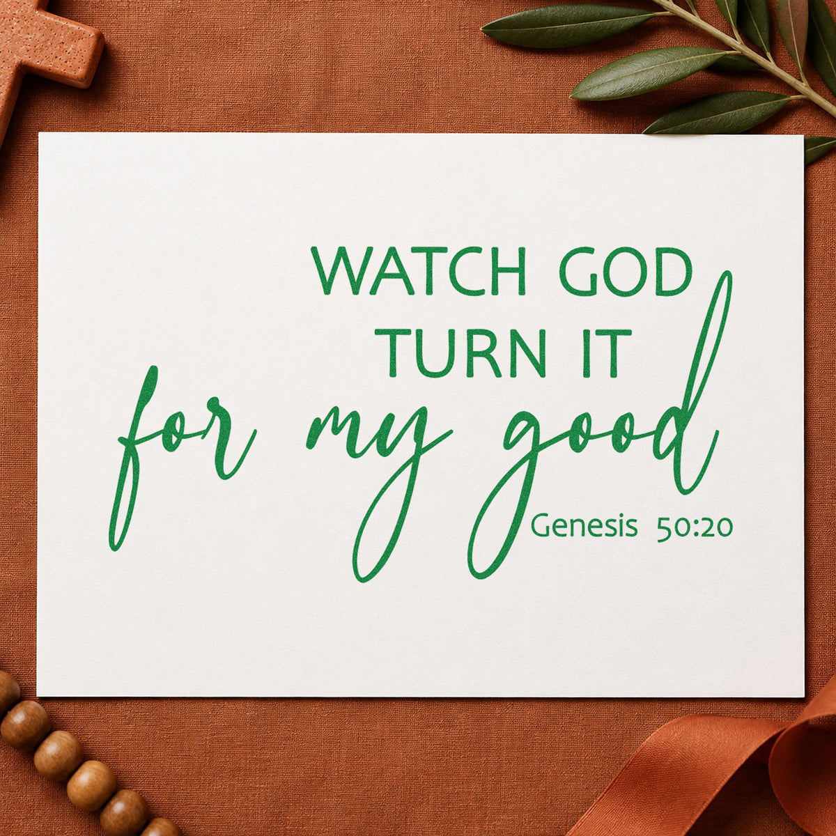Watch God Turn It for Good craft stamp imprint in green ink on a handmade project, one idea being recovery gifts.