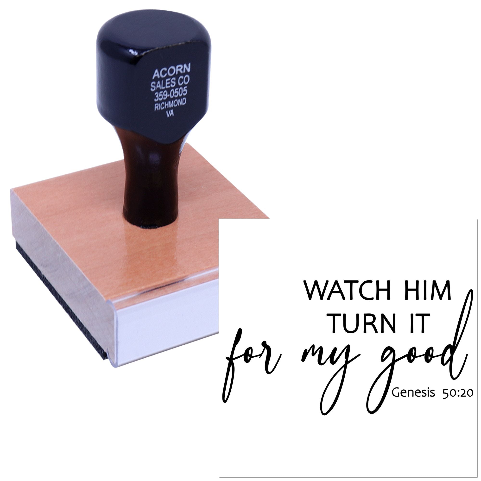 Custom rubber stamp with Genesis 50:20 scripture, Watch him turn it for my good, for faith-based crafting.