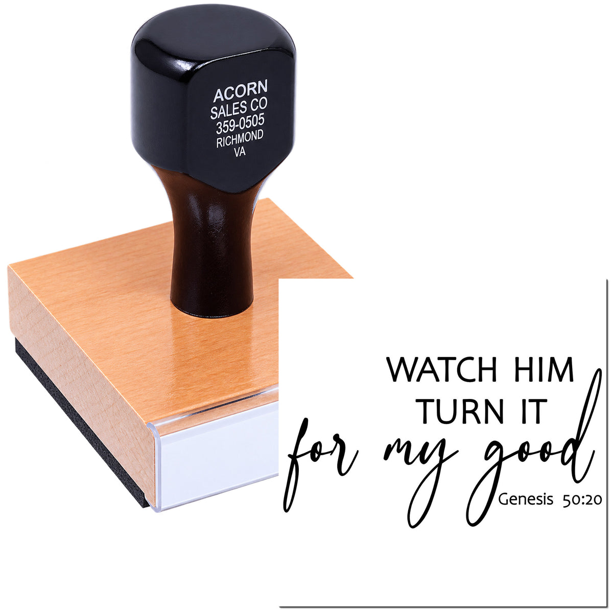 Custom rubber stamp with Genesis 50:20 scripture, Watch him turn it for my good, for faith-based crafting.