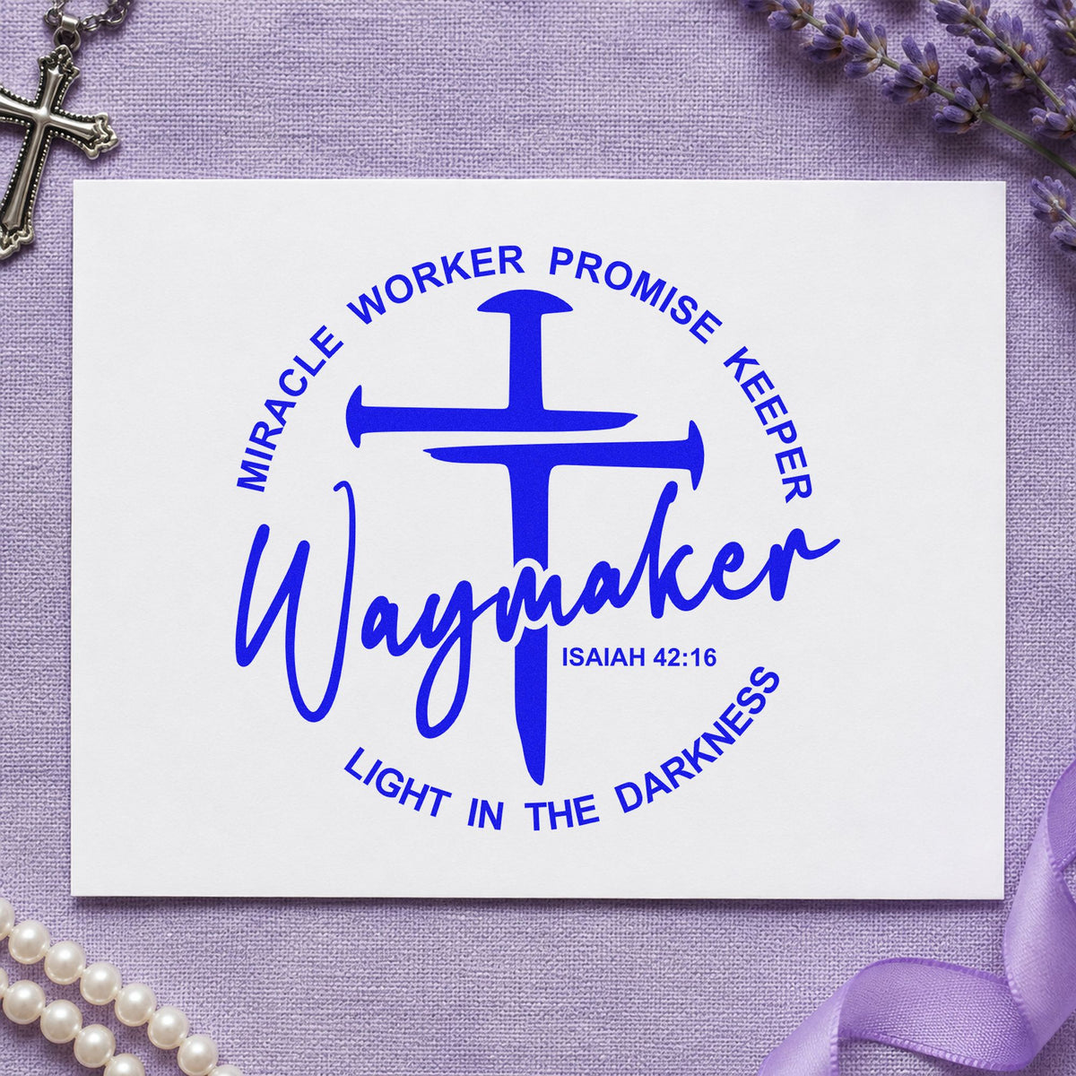 Waymaker Cross Circle craft stamp in blue ink on cardstock, an easy option for canvas totes.