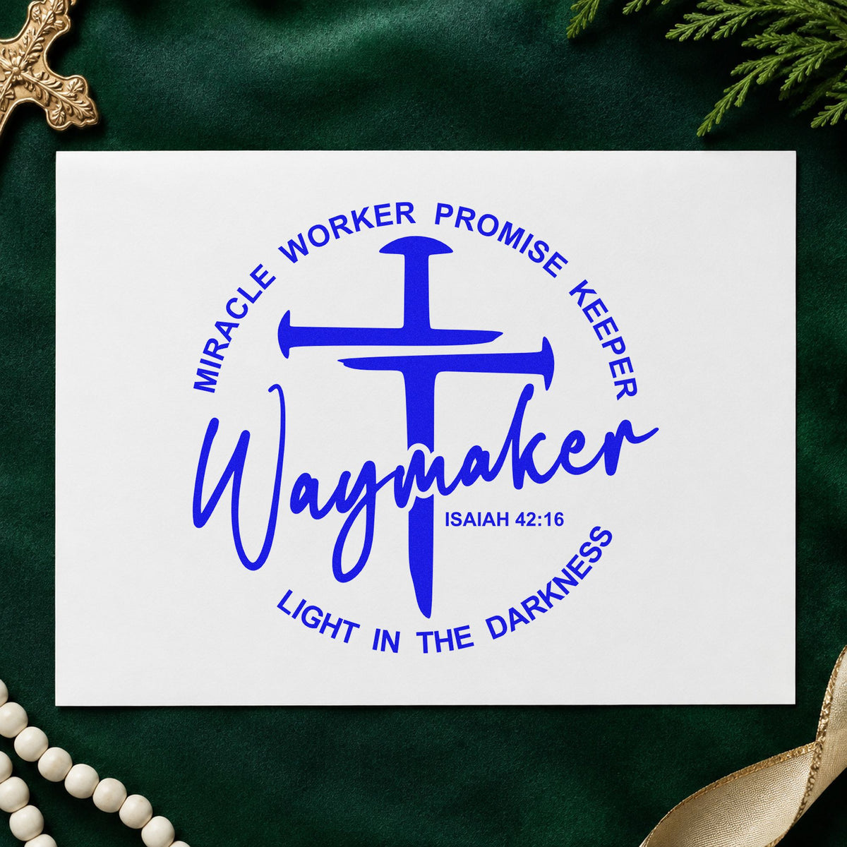 Waymaker Cross Circle craft stamp imprinted in blue ink on paper, a design suited to men's retreat tags.