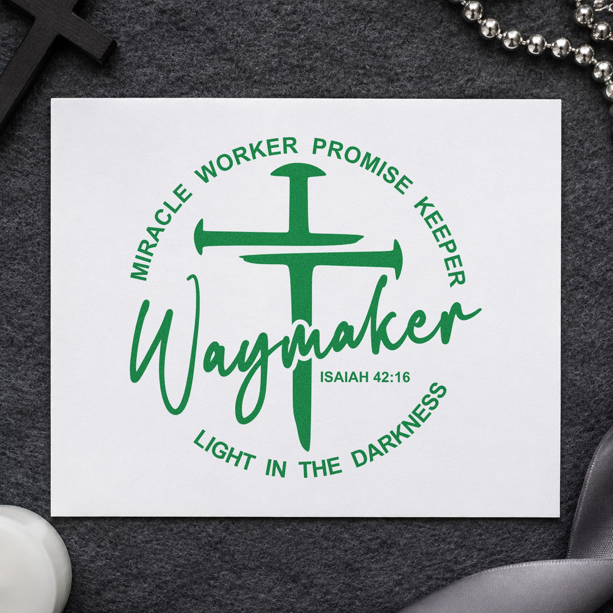 Waymaker Cross Circle craft stamp imprint in green ink on a handmade project, one idea being framed wall art.