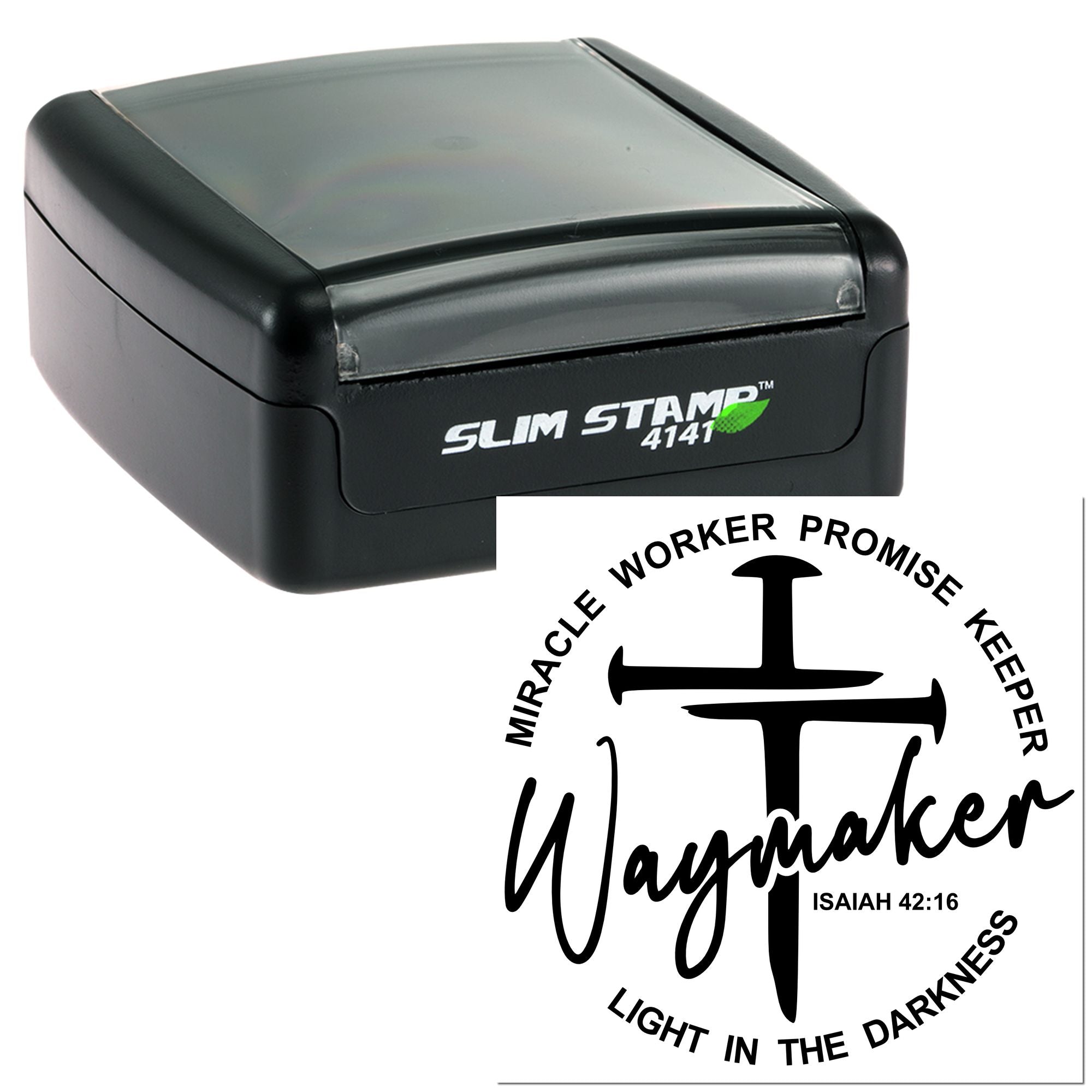 Custom Christian self-inking rubber stamp featuring Waymaker, Miracle Worker, Promise Keeper Isaiah 42:16 design.
