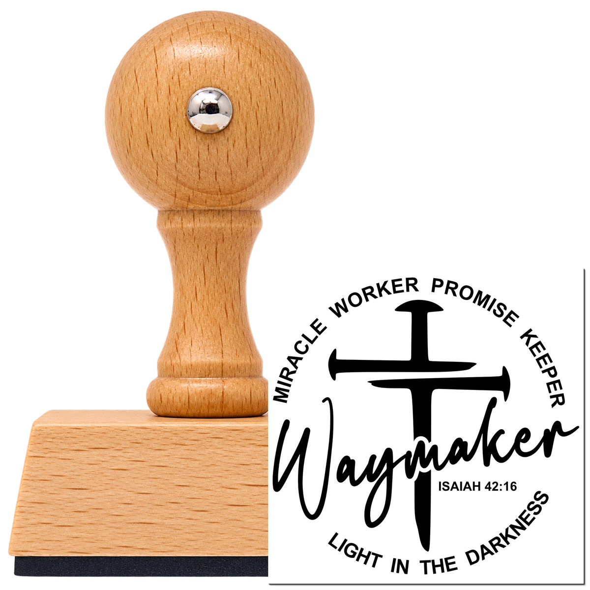 Waymaker Three-Nail Cross Vintage Pro rubber stamp in European beech wood with a round knob handle, shown beside its black imprint.