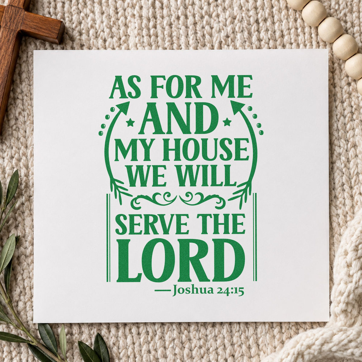 As for Me and My House craft stamp imprint in green ink on a handmade project, one idea being wedding gifts.