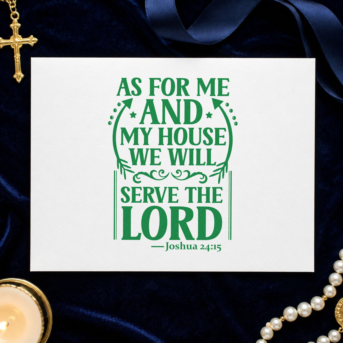 As for Me and My House craft stamp imprint in green ink on a handmade project, one idea being framed entryway art.