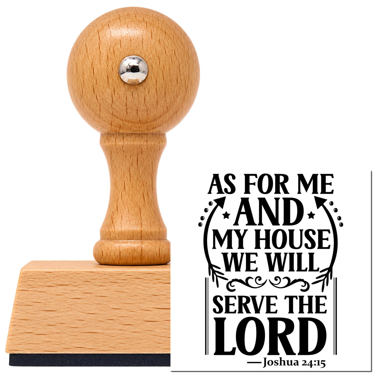 As For Me And My House Vintage Pro rubber stamp in European beech wood with a round knob handle, shown beside its black imprint.