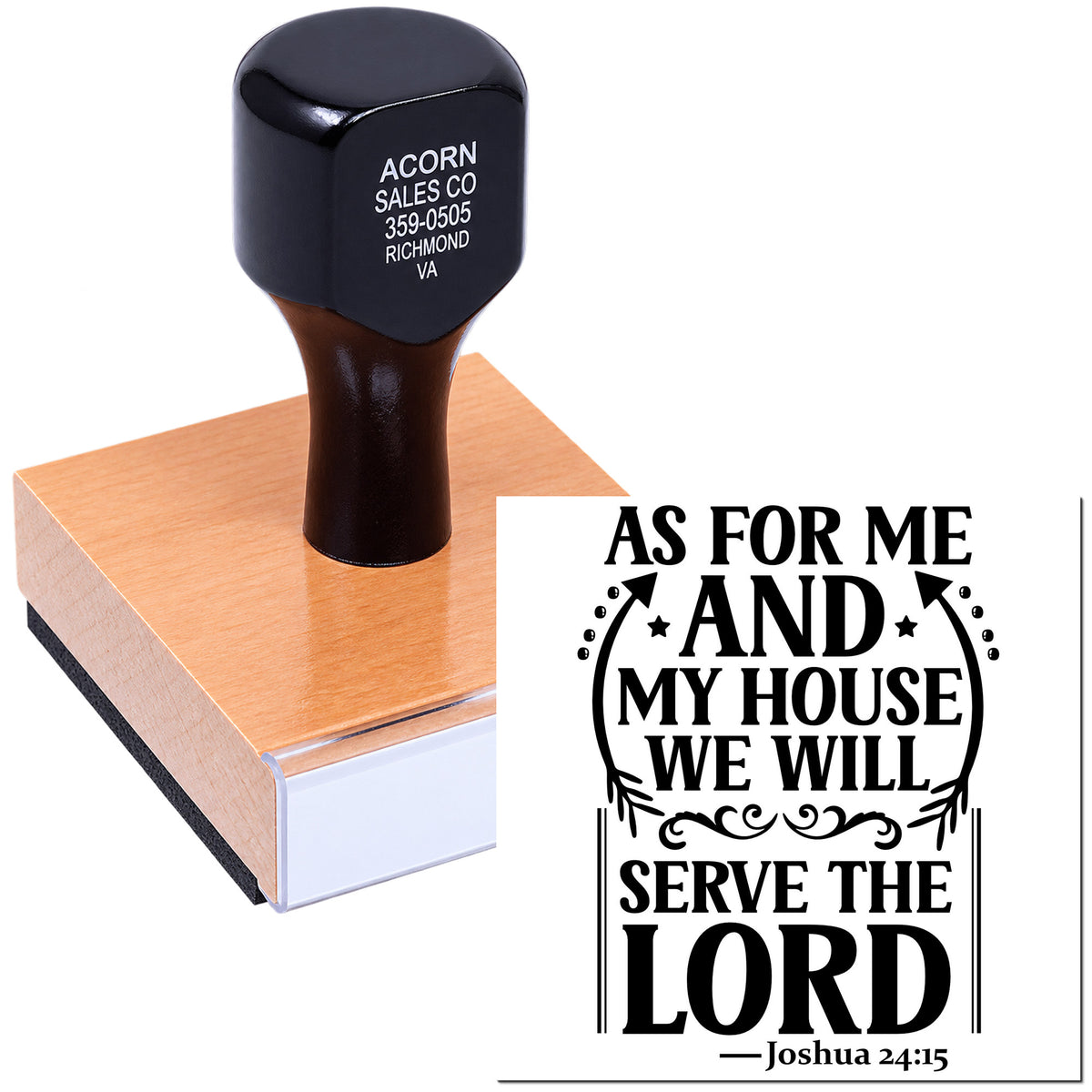 Custom rubber stamp with Joshua 24:15 verse, As for me and my house, we will serve the Lord, for faith-based crafts.