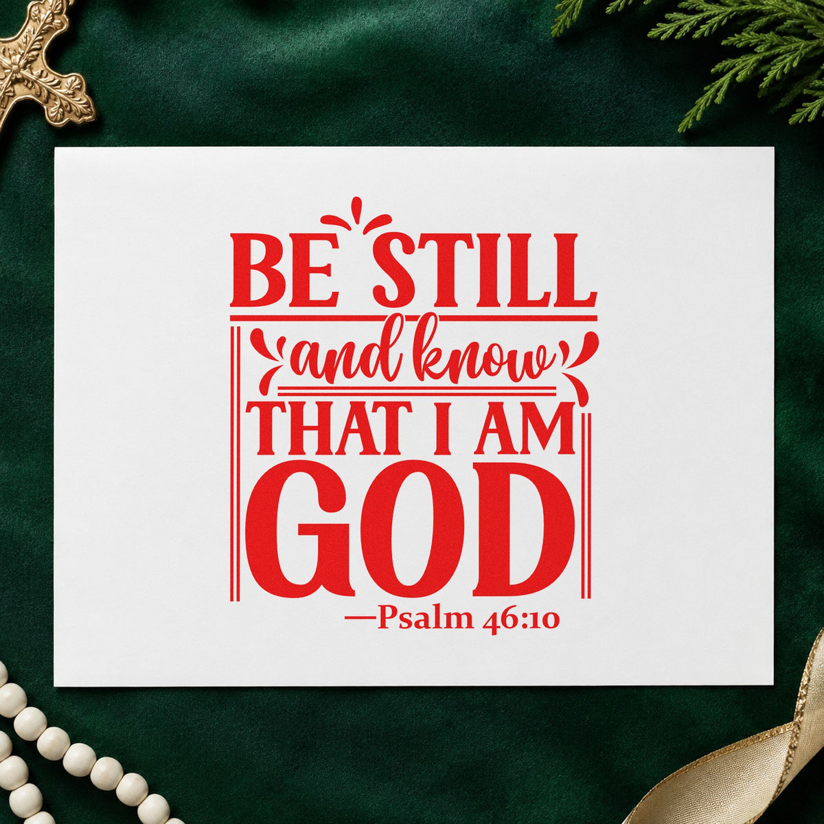 Be Still and Know God rubber stamp shown in red ink, stamped for projects such as journal cover stamping.
