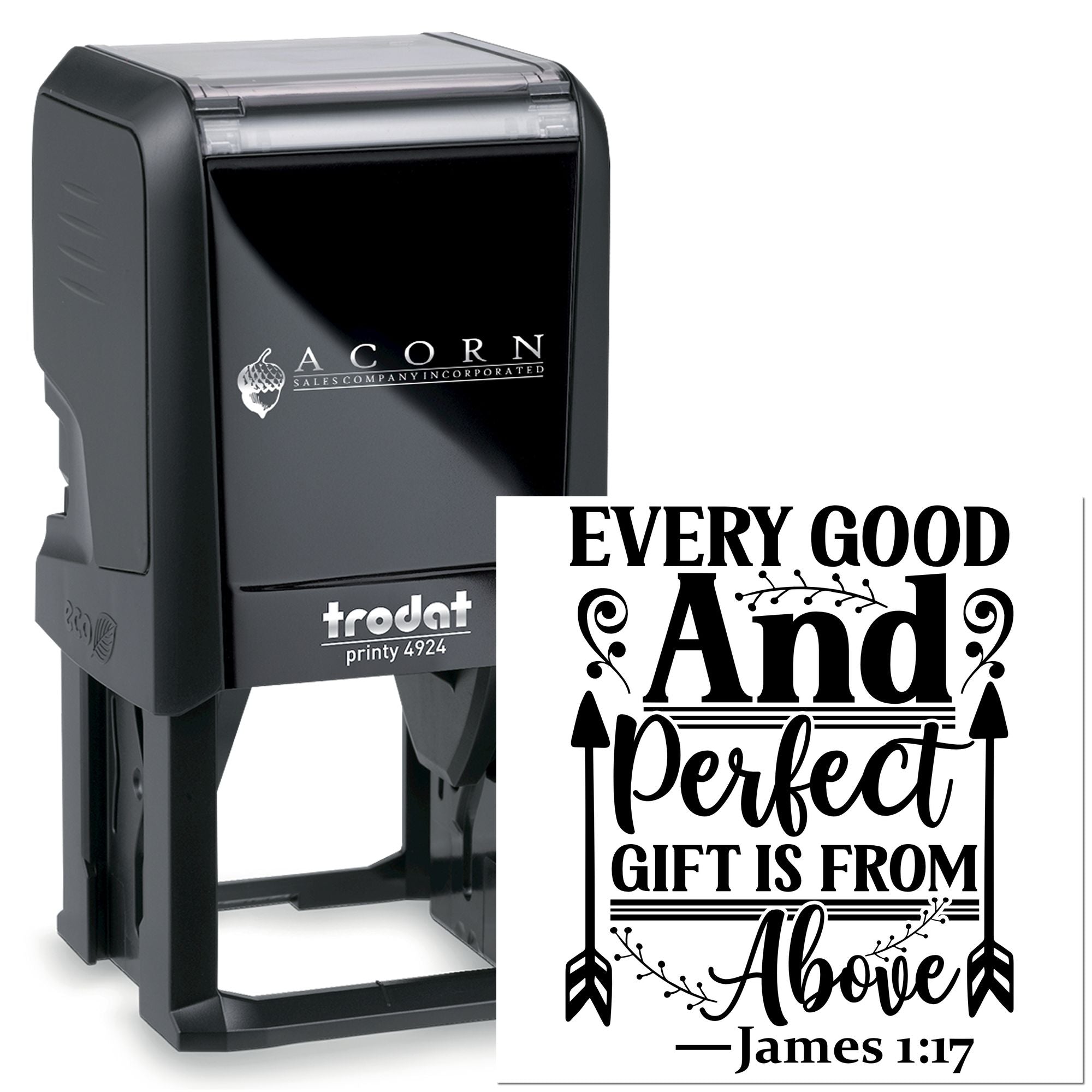 Trodat Printy 4924 self-inking rubber stamp with James 1:17 scripture, Every good and perfect gift is from above.