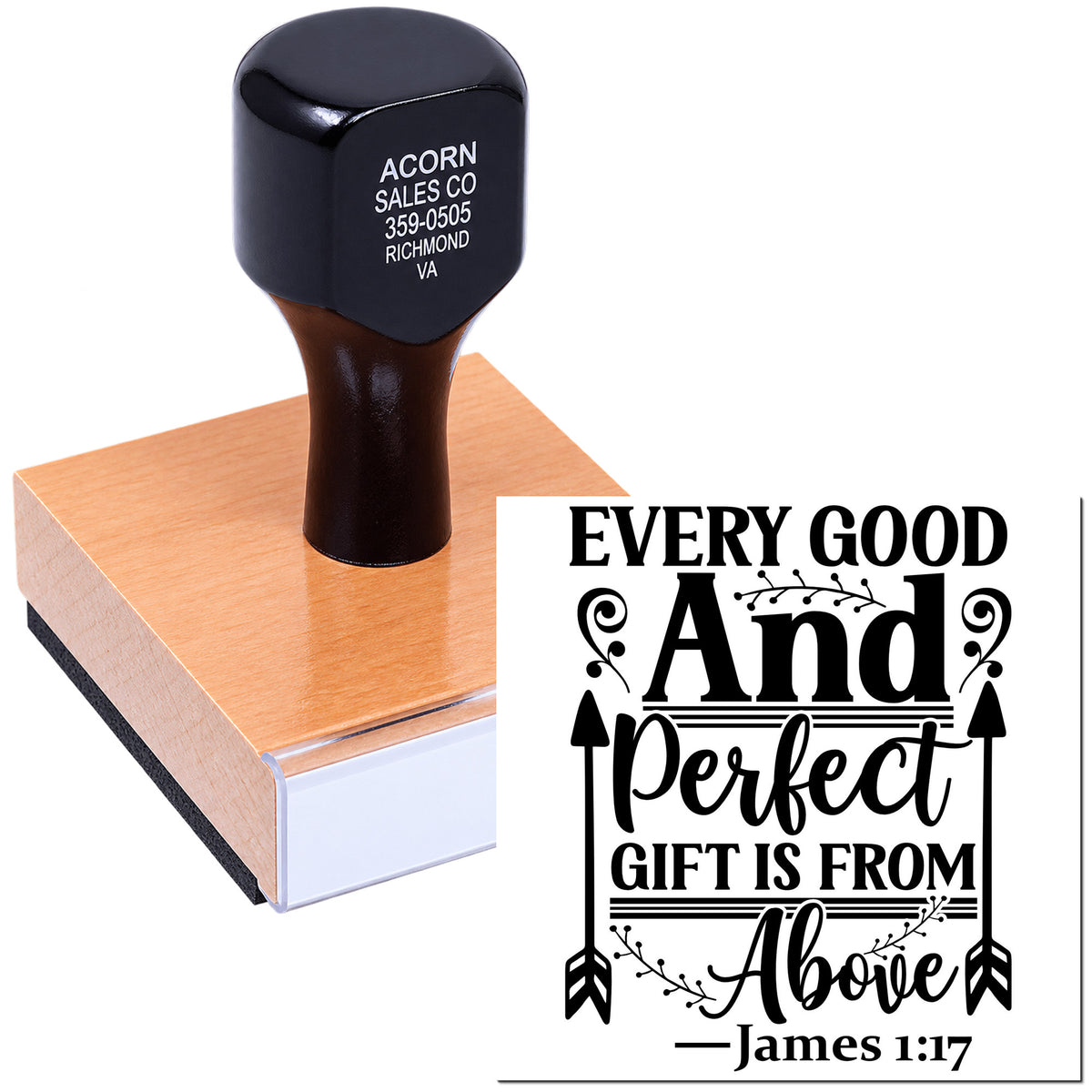 Custom Christian rubber stamp with Every good and perfect gift is from above Bible verse, James 1:17 design.