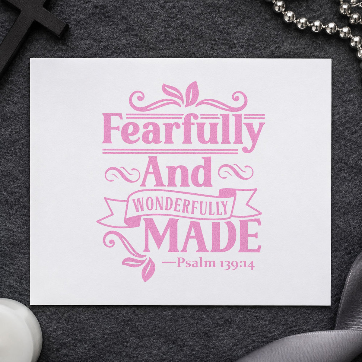 Fearfully and Wonderfully Made craft stamp in purple ink on cardstock, an easy option for birth announcements.