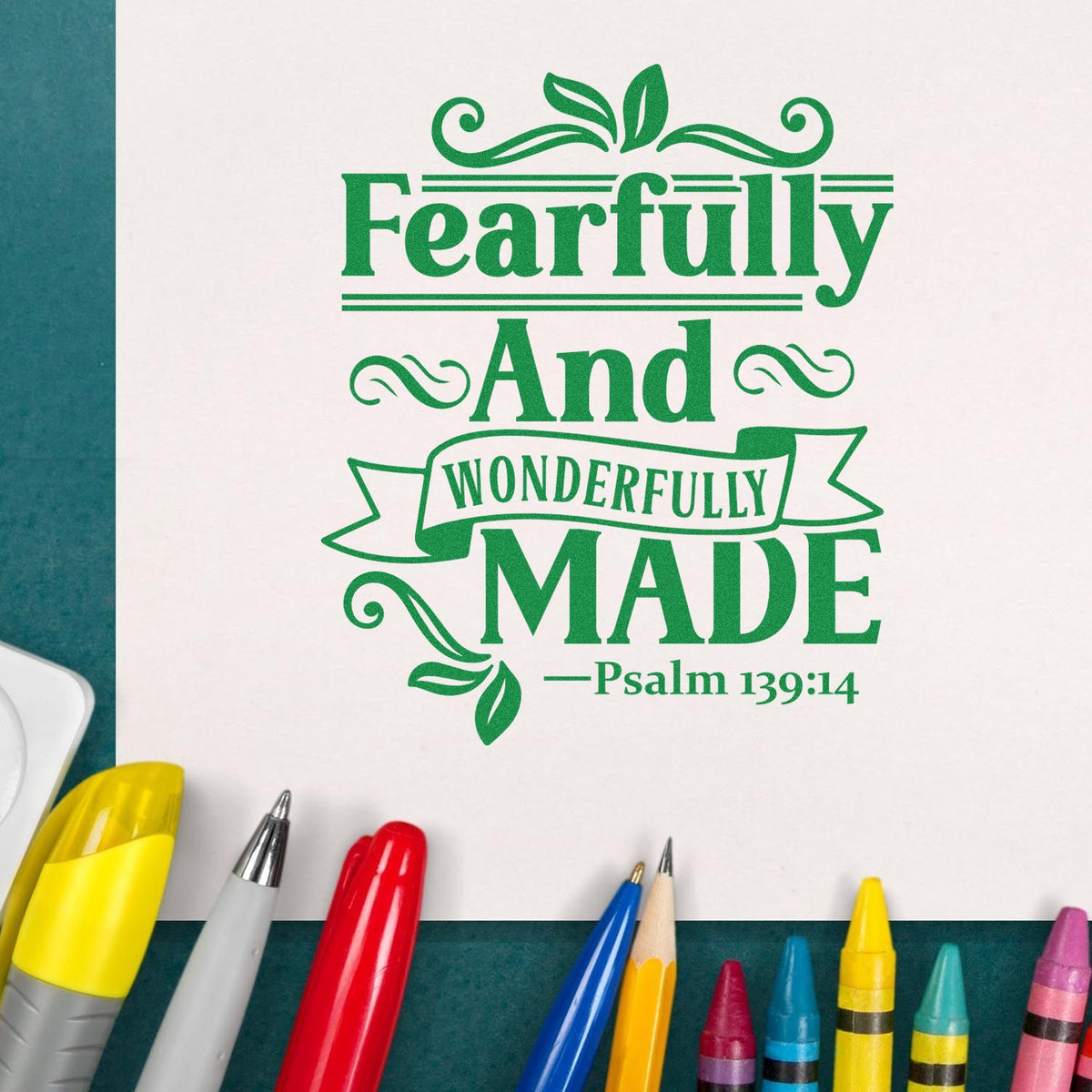 Fearfully and Wonderfully Made rubber stamp shown in green ink, stamped for projects such as birth announcements.