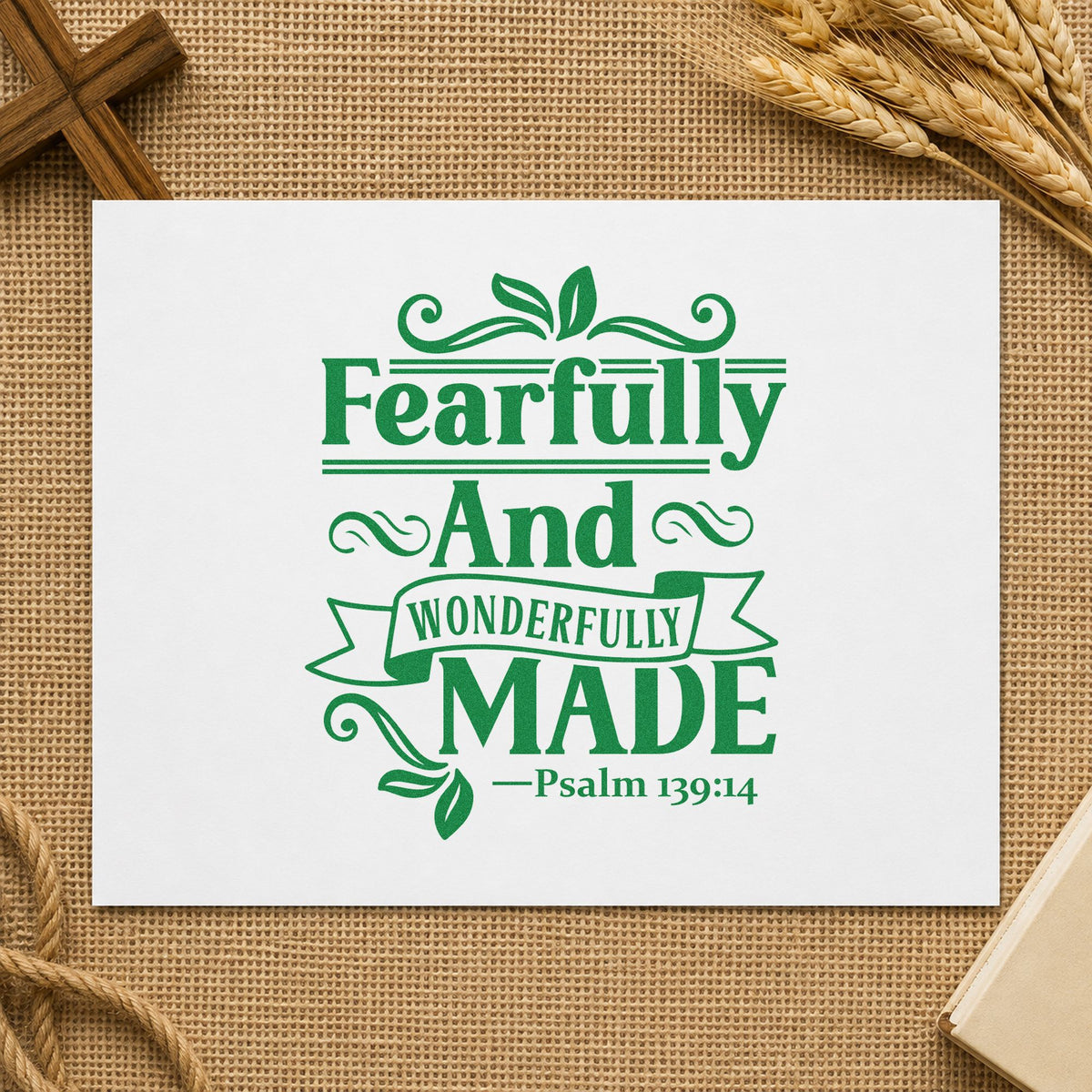 Fearfully and Wonderfully Made craft stamp imprint in green ink on a handmade project, one idea being teen girl gifts.