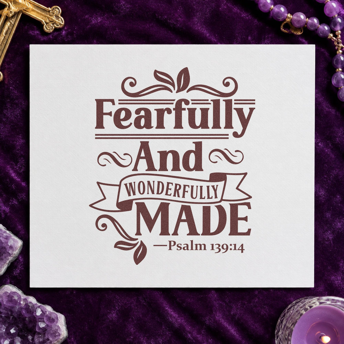 Fearfully and Wonderfully Made rubber stamp printed in brown ink, ready for baby book openers and similar paper crafts.