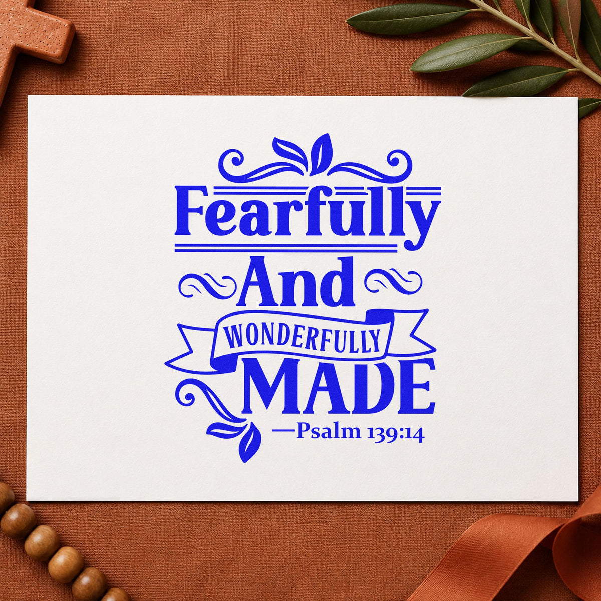 Fearfully and Wonderfully Made craft stamp imprinted in blue ink on paper, a design suited to special needs welcomes.