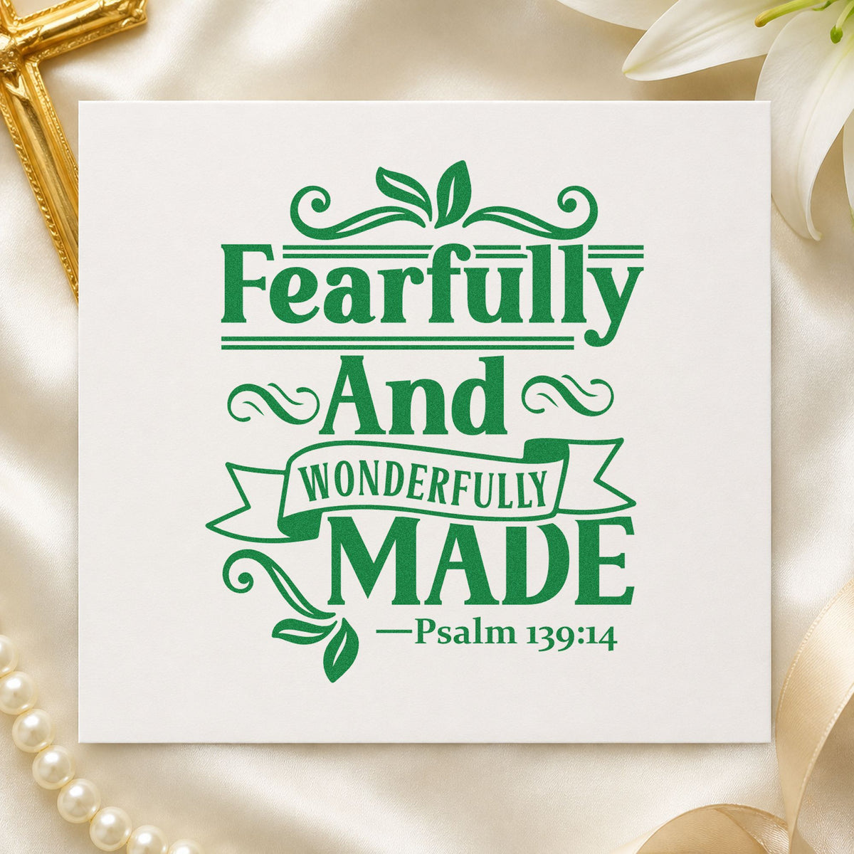 Fearfully and Wonderfully Made craft stamp imprint in green ink on a handmade project, one idea being framed nursery art.